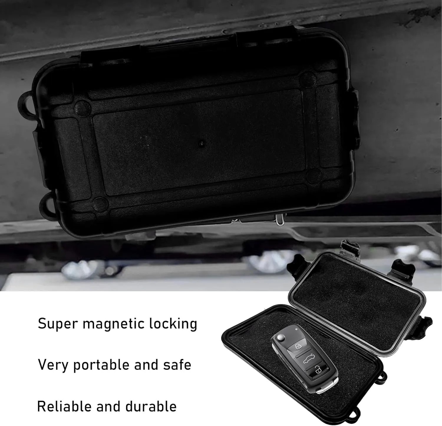 1 PCS Magnetic Key Box, Indoors Outdoors Waterproof Magnetic Hidden Key Holder Under Vehicles, Safe Key Hider Storage Under Car to Hide A Key Outside, Car Accessories (Black, 2 PCS)