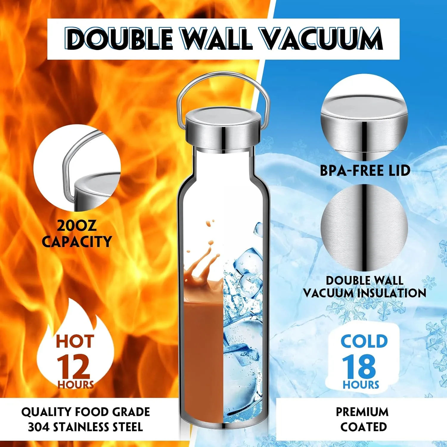 10 Pack Insulated Water Bottle 20 oz Stainless Steel Sport Bottle Bulk Double Wall Metal Reusable Flask with Leakproof Lid of Handle for Travel Cyclists School Gift(Silver)