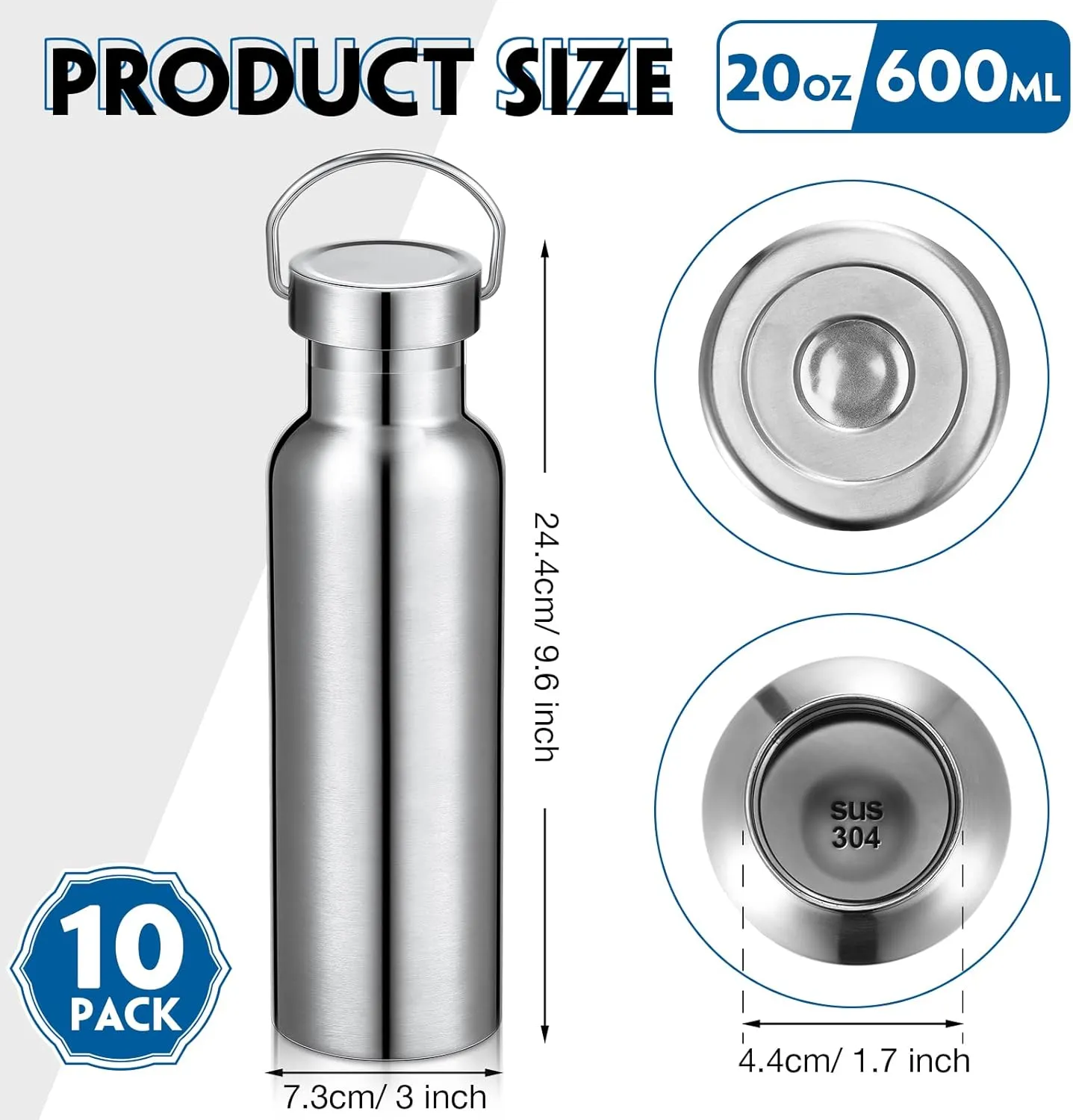 10 Pack Insulated Water Bottle 20 oz Stainless Steel Sport Bottle Bulk Double Wall Metal Reusable Flask with Leakproof Lid of Handle for Travel Cyclists School Gift(Silver)