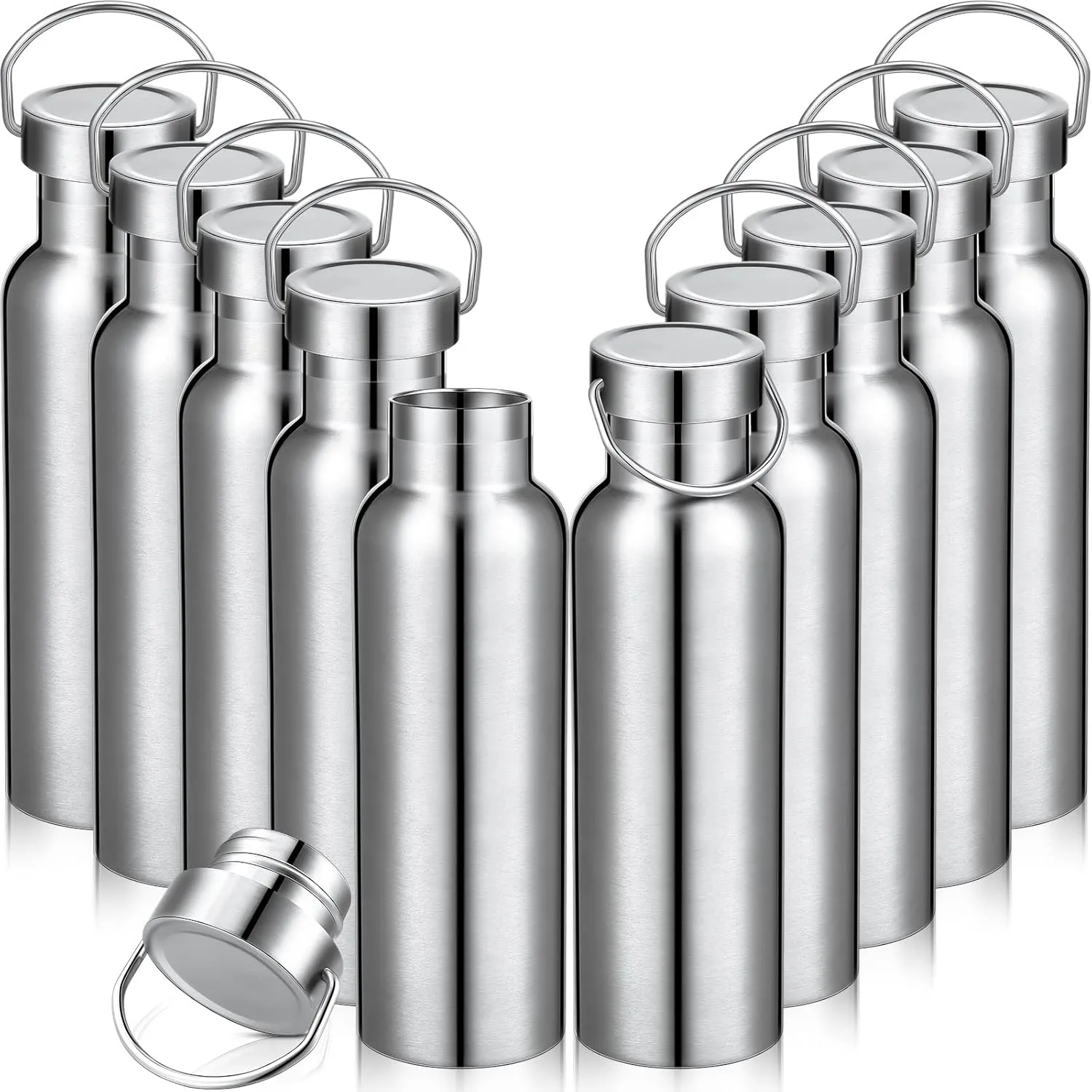 10 Pack Insulated Water Bottle 20 oz Stainless Steel Sport Bottle Bulk Double Wall Metal Reusable Flask with Leakproof Lid of Handle for Travel Cyclists School Gift(Silver)