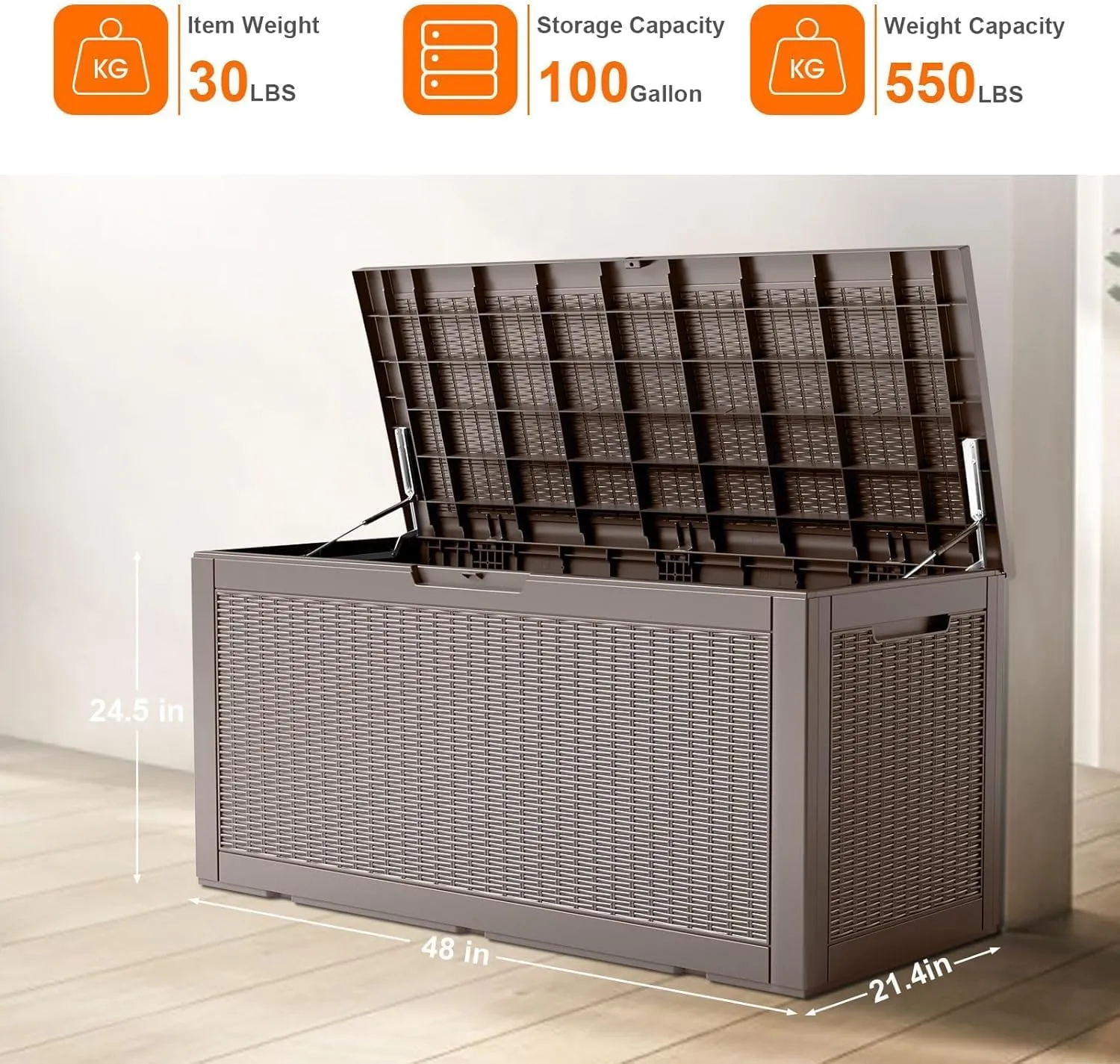 100 Gallon Deck Box Large Outdoor Storage for Patio Furniture,Outdoor Cushions,Garden Tools and Pool Supplies,Waterproof,Resin,Lockable(Grey)