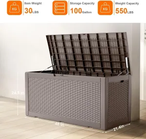 100 Gallon Deck Box Large Outdoor Storage for Patio Furniture,Outdoor Cushions,Garden Tools and Pool Supplies,Waterproof,Resin,Lockable(Grey)