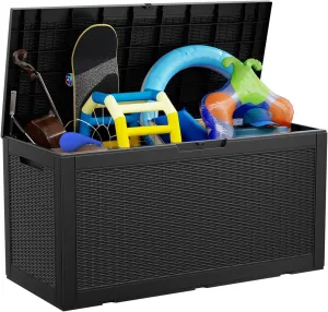 100 Gallon Outdoor Storage Box,Large Waterproof Resin Deck Box,Lockable Storage Container with Reinforced Support for Patio Cushions,Garden Tools,UV-Resistant（Black Rattan）