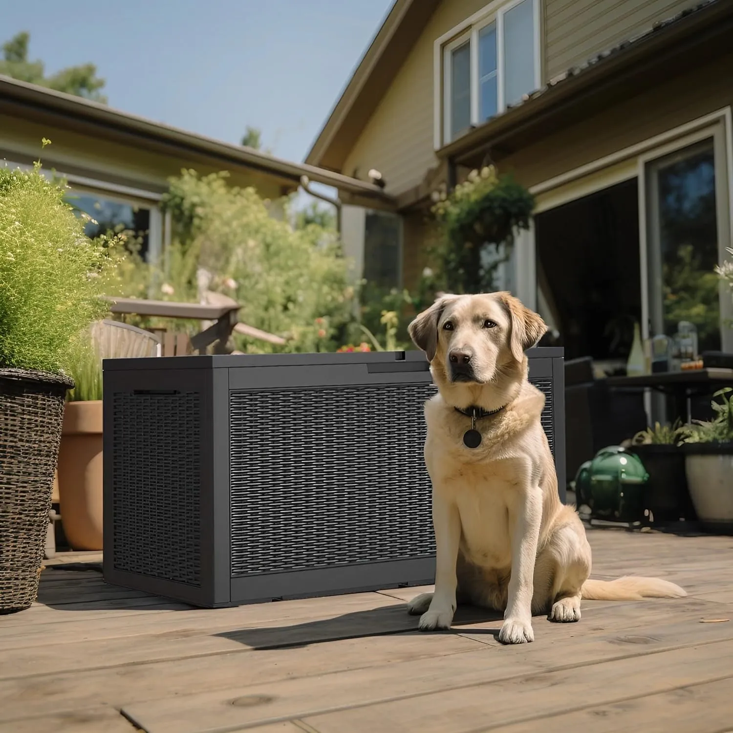 100 Gallon Outdoor Storage Box,Large Waterproof Resin Deck Box,Lockable Storage Container with Reinforced Support for Patio Cushions,Garden Tools,UV-Resistant（Black Rattan）