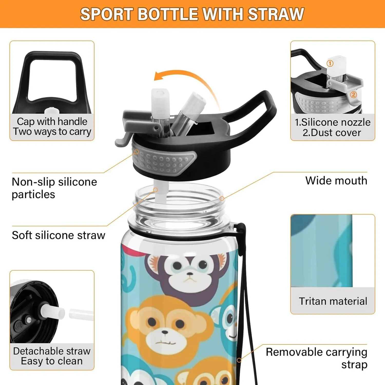 1000 ML Sports Water Bottle with Straw,Colorful Monkey Water Bottle Leak Proof,BPA Free,Tritan Drink Bottle with Straw for Office,School,Gym,Outdoor