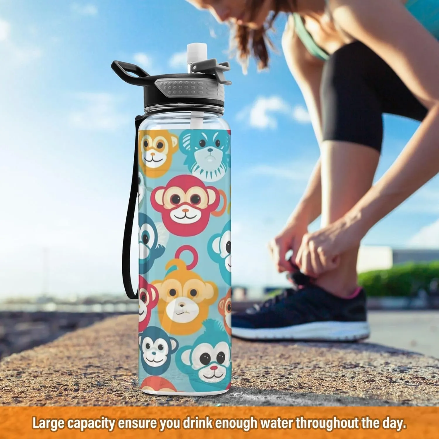 1000 ML Sports Water Bottle with Straw,Colorful Monkey Water Bottle Leak Proof,BPA Free,Tritan Drink Bottle with Straw for Office,School,Gym,Outdoor