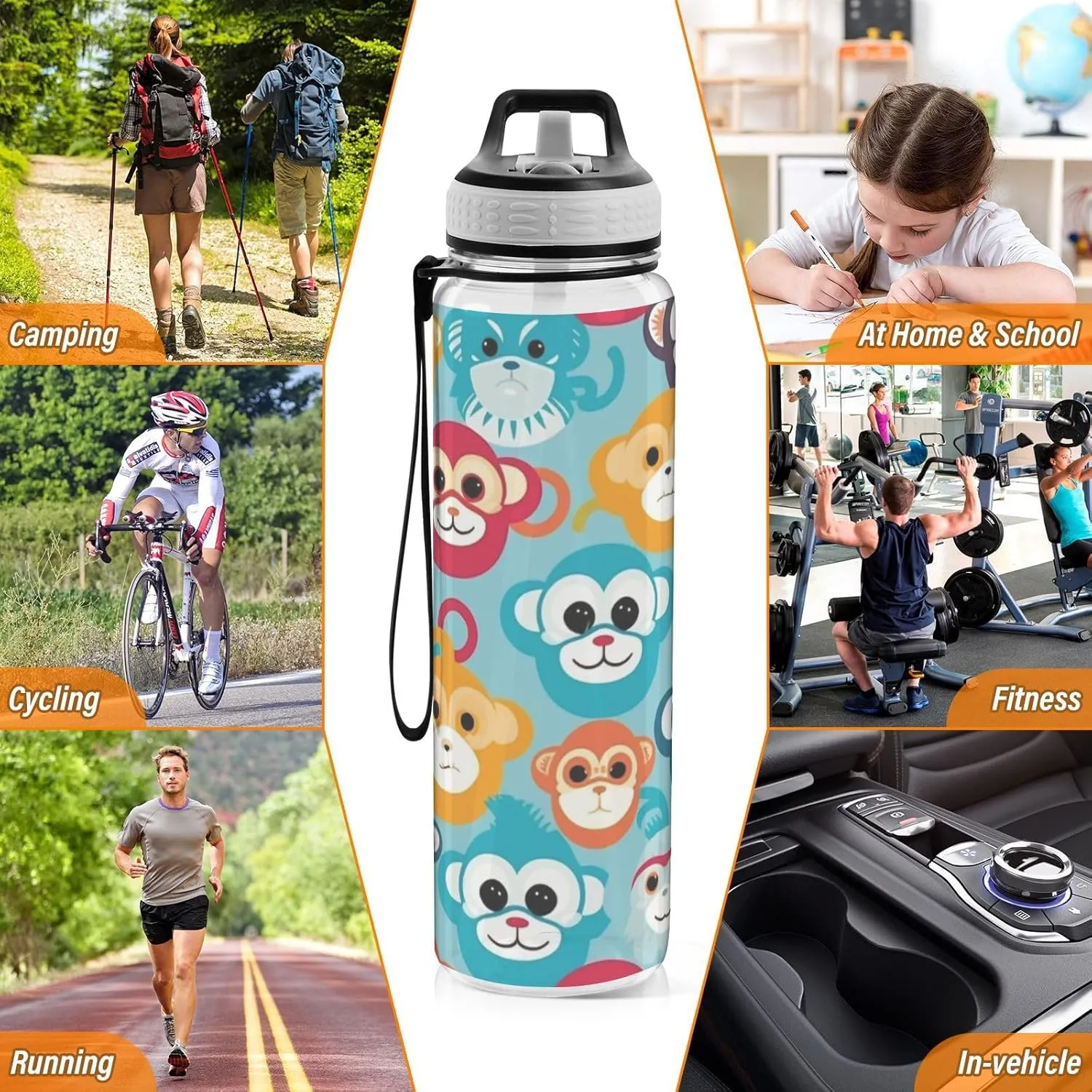 1000 ML Sports Water Bottle with Straw,Colorful Monkey Water Bottle Leak Proof,BPA Free,Tritan Drink Bottle with Straw for Office,School,Gym,Outdoor