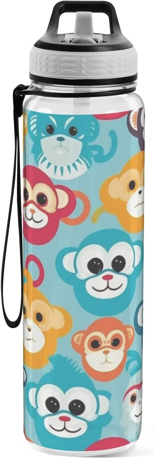 1000 ML Sports Water Bottle with Straw,Colorful Monkey Water Bottle Leak Proof,BPA Free,Tritan Drink Bottle with Straw for Office,School,Gym,Outdoor