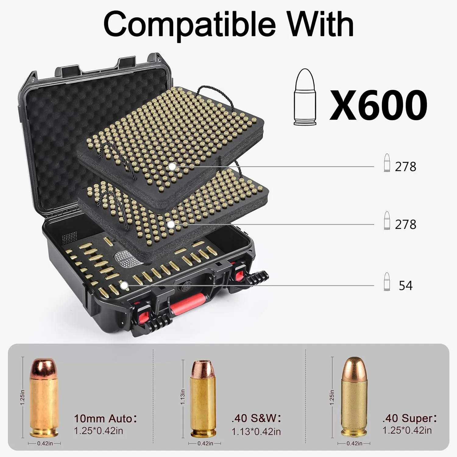 10mm Ammo Storage Case with Dessicant, Travel Safe/Mil Spec/Waterproof Ammo Case for Storage, Lockable Ammo Storage Box for 10mm Auto/.41 Rem Magnum/.40 S&W/.40 Super