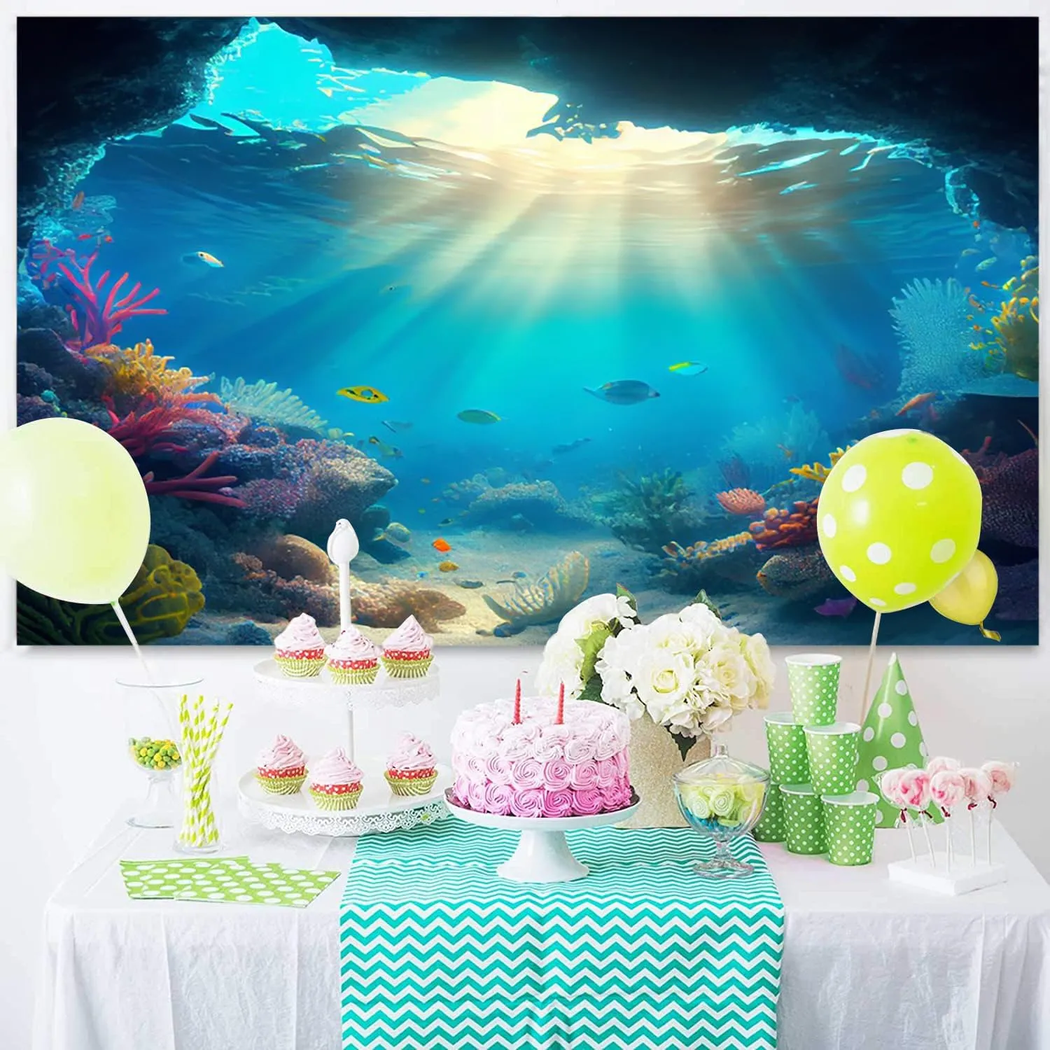 10x8ft Under The Sea Backdrop Underwater Blue Ocean Fish Coral Photography Background Kids Birthday Baby Shower Party Banner Cake Table Decorations Supplies Photo Booth Props