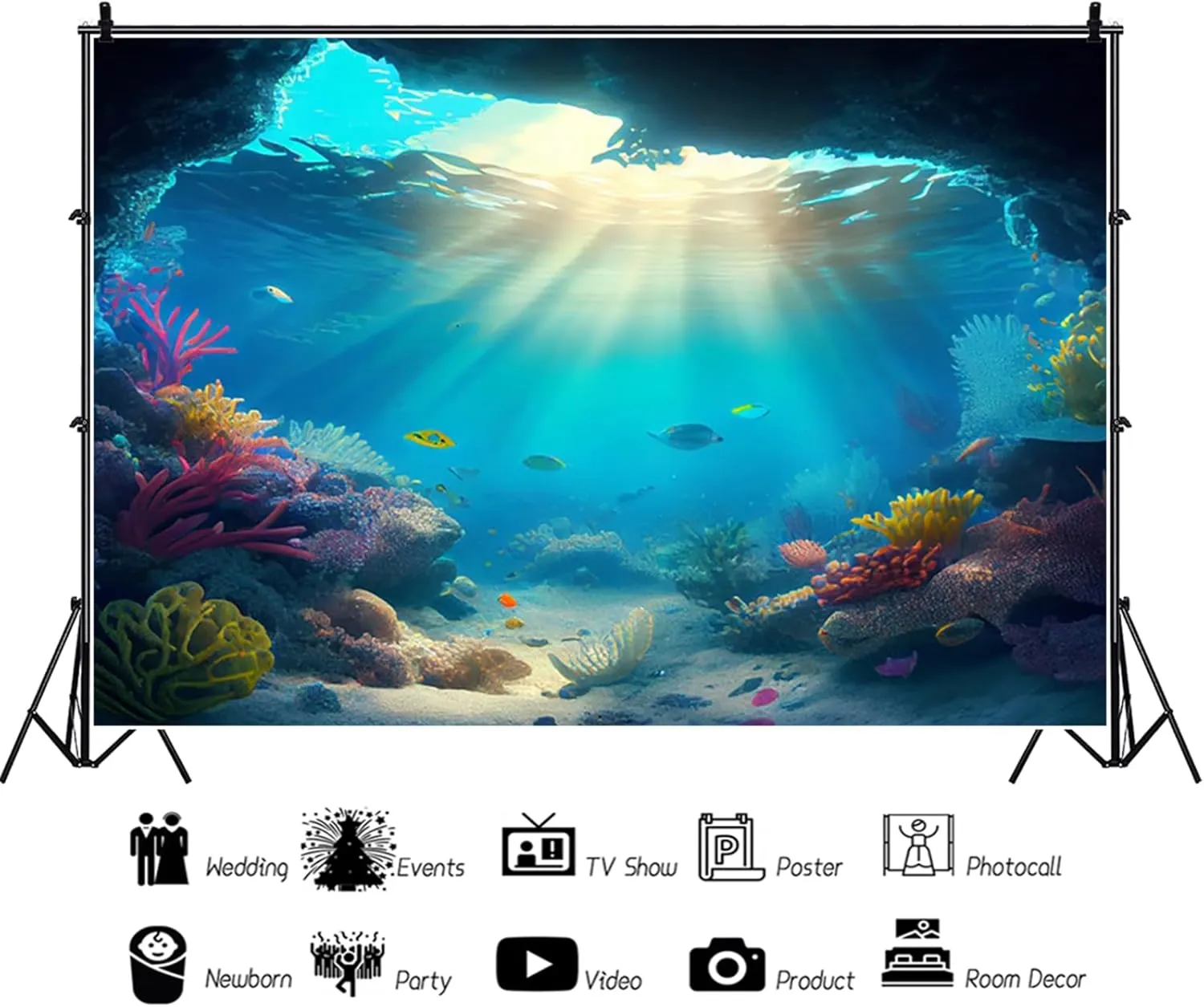 10x8ft Under The Sea Backdrop Underwater Blue Ocean Fish Coral Photography Background Kids Birthday Baby Shower Party Banner Cake Table Decorations Supplies Photo Booth Props