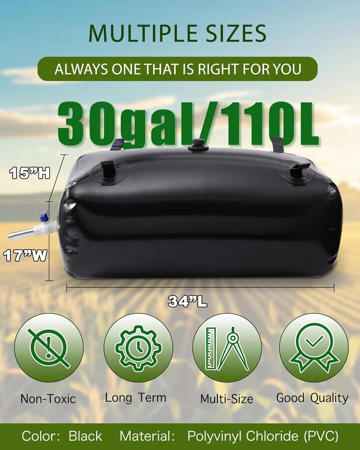 110L/30gal Long Term Water Storage Containers,Emergency Water Storage Bag, Soft Portable Vinyl Bathtub Water Bladder with Valve&Stainless-Steel Outlet-Reliable & Resistant for All Climates
