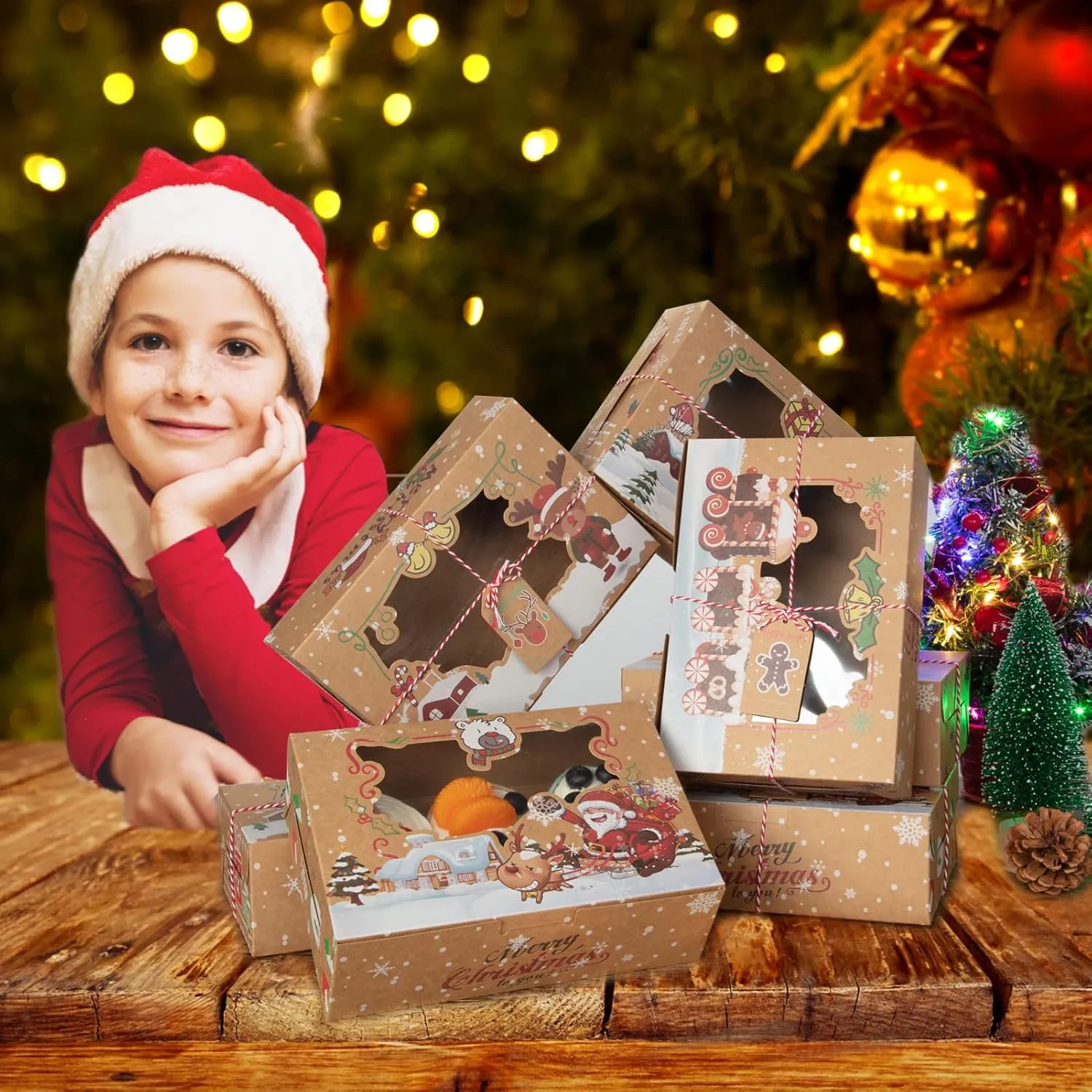 12 Pack Christmas Cookie Boxes, Foldable Treat Box with Window, for Pastries, Cupcakes, Candy and Gift Giving, Food Grade Kraft Bakery Boxes, Reindeer Santa Cookie Boxes, Style A