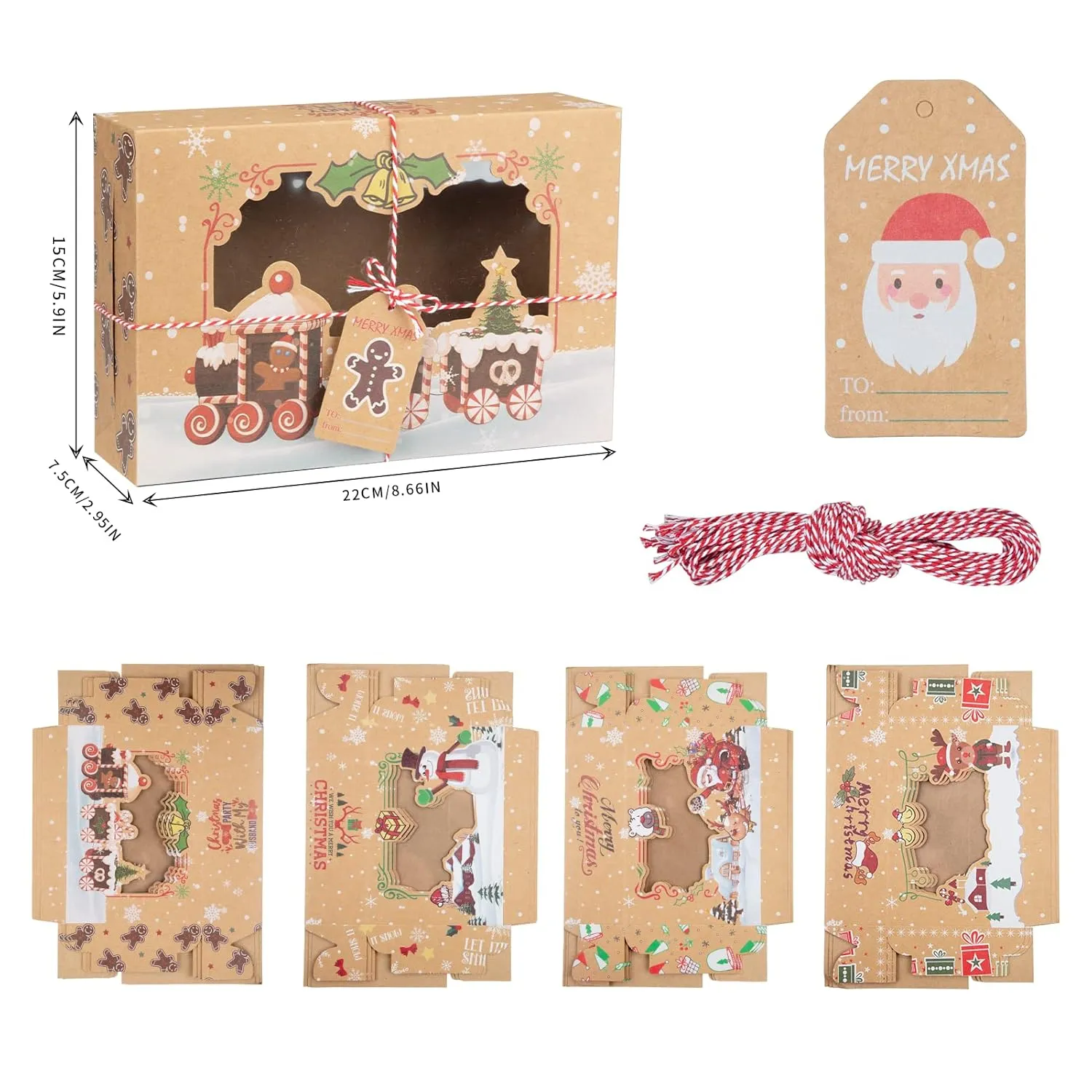 12 Pack Christmas Cookie Boxes, Foldable Treat Box with Window, for Pastries, Cupcakes, Candy and Gift Giving, Food Grade Kraft Bakery Boxes, Reindeer Santa Cookie Boxes, Style A