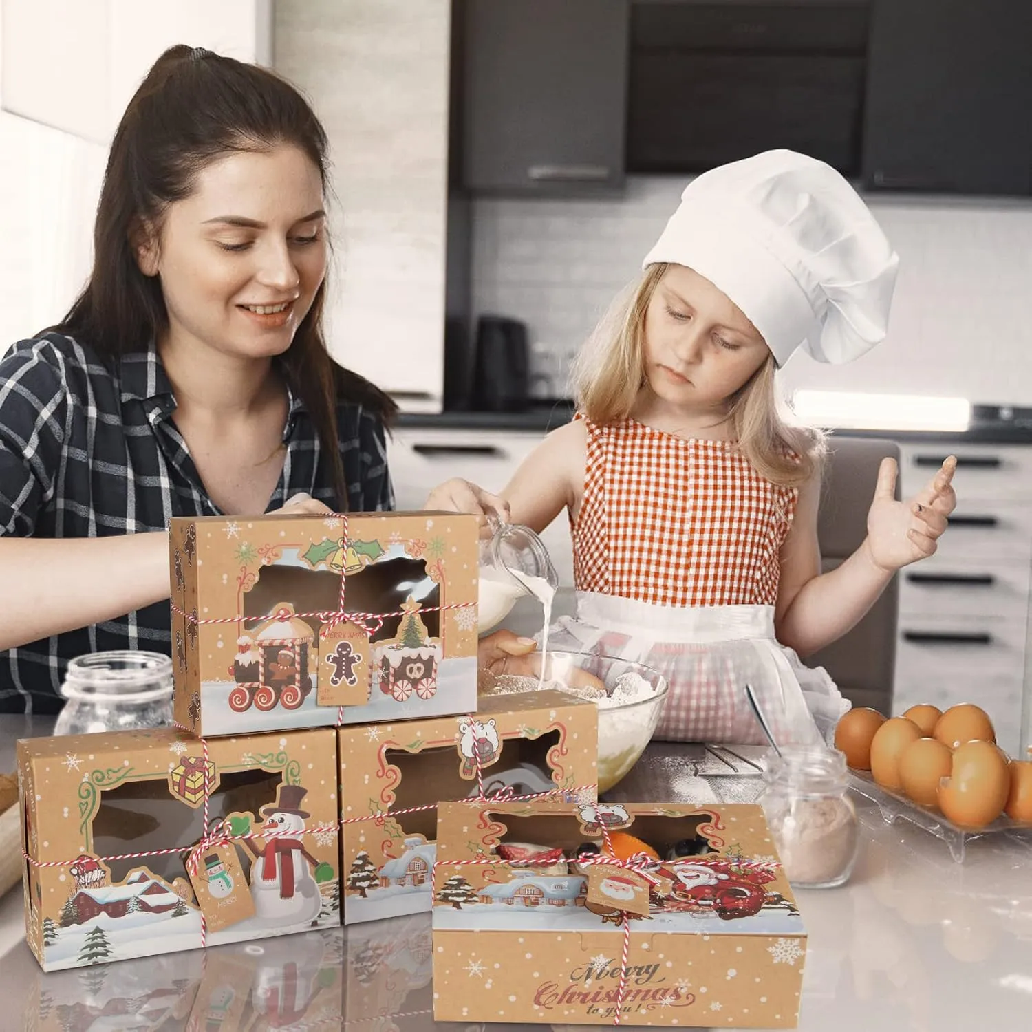 12 Pack Christmas Cookie Boxes, Foldable Treat Box with Window, for Pastries, Cupcakes, Candy and Gift Giving, Food Grade Kraft Bakery Boxes, Reindeer Santa Cookie Boxes, Style A
