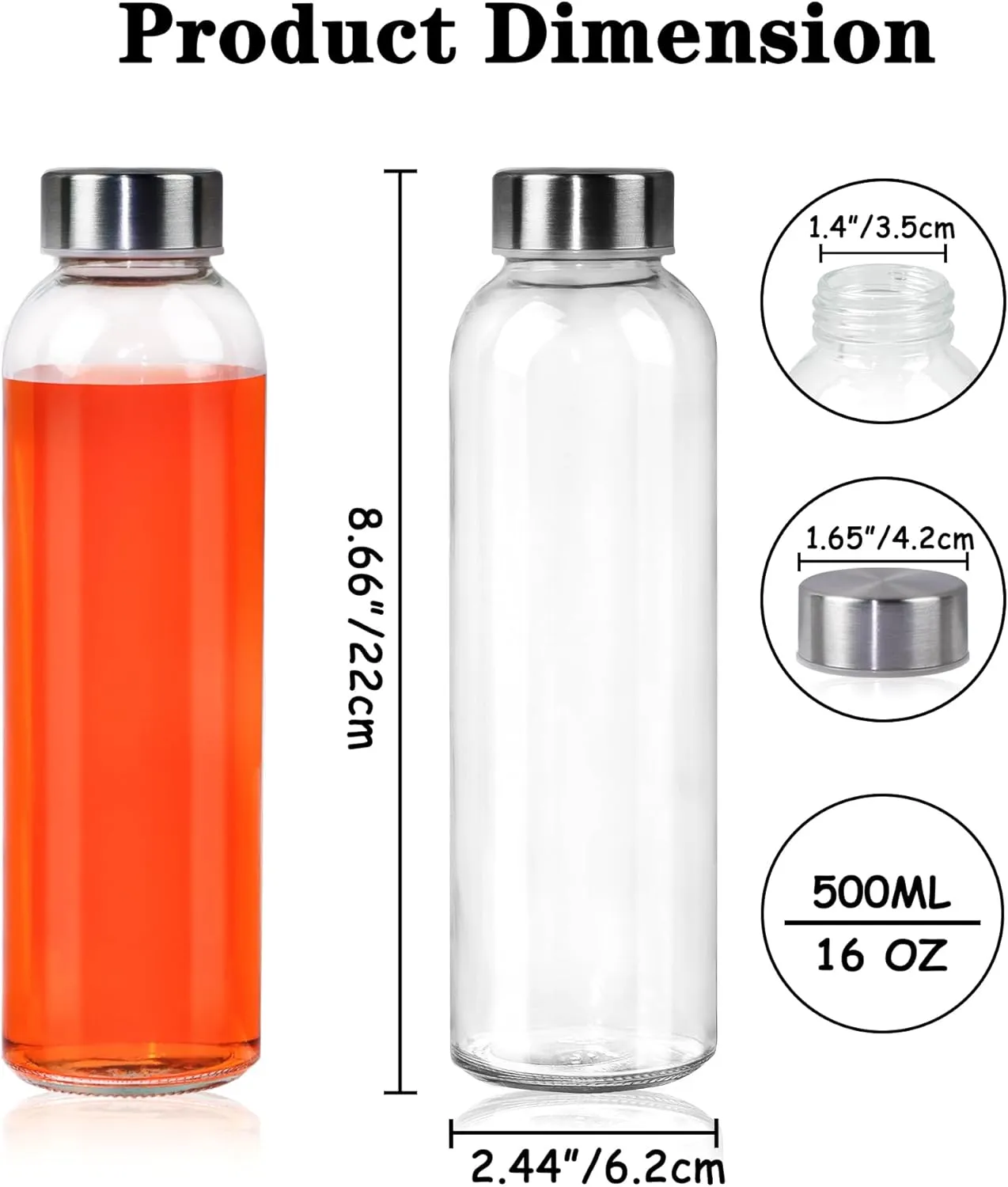 12 Pack Glass Water Bottles, 16oz Clear Glass with Stainless Steel Lids, Reusable Drink Bottles for Juices, Smoothies, Tea, Water, Beverages