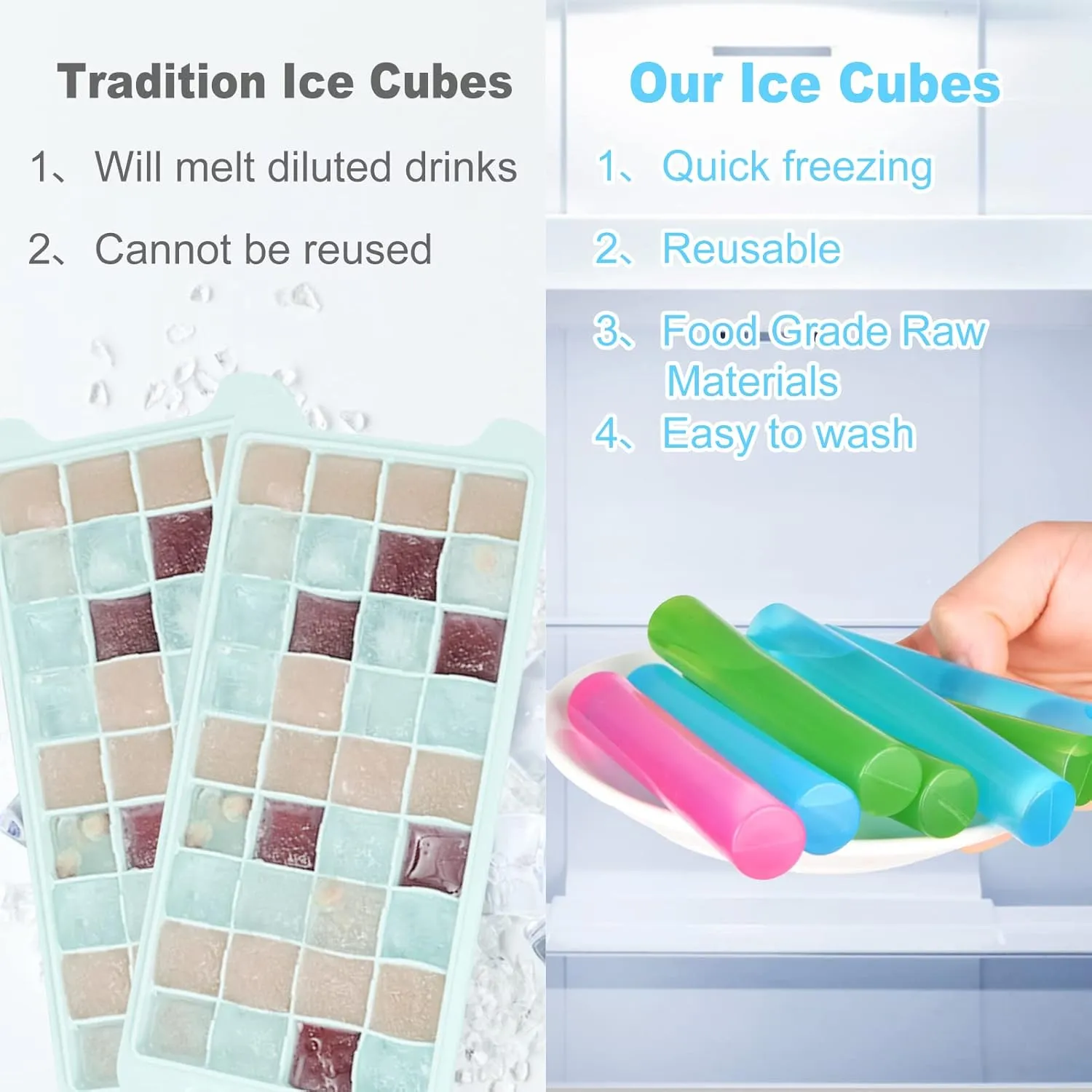 12 Pack Reusable Ice Cubes for Drinks, Quick Freeze Reusable Water Bottle Ice Stick BPA Free, Washable Plastic Ice Cubes for Whiskey, Wine, Coffee (Multicolor)