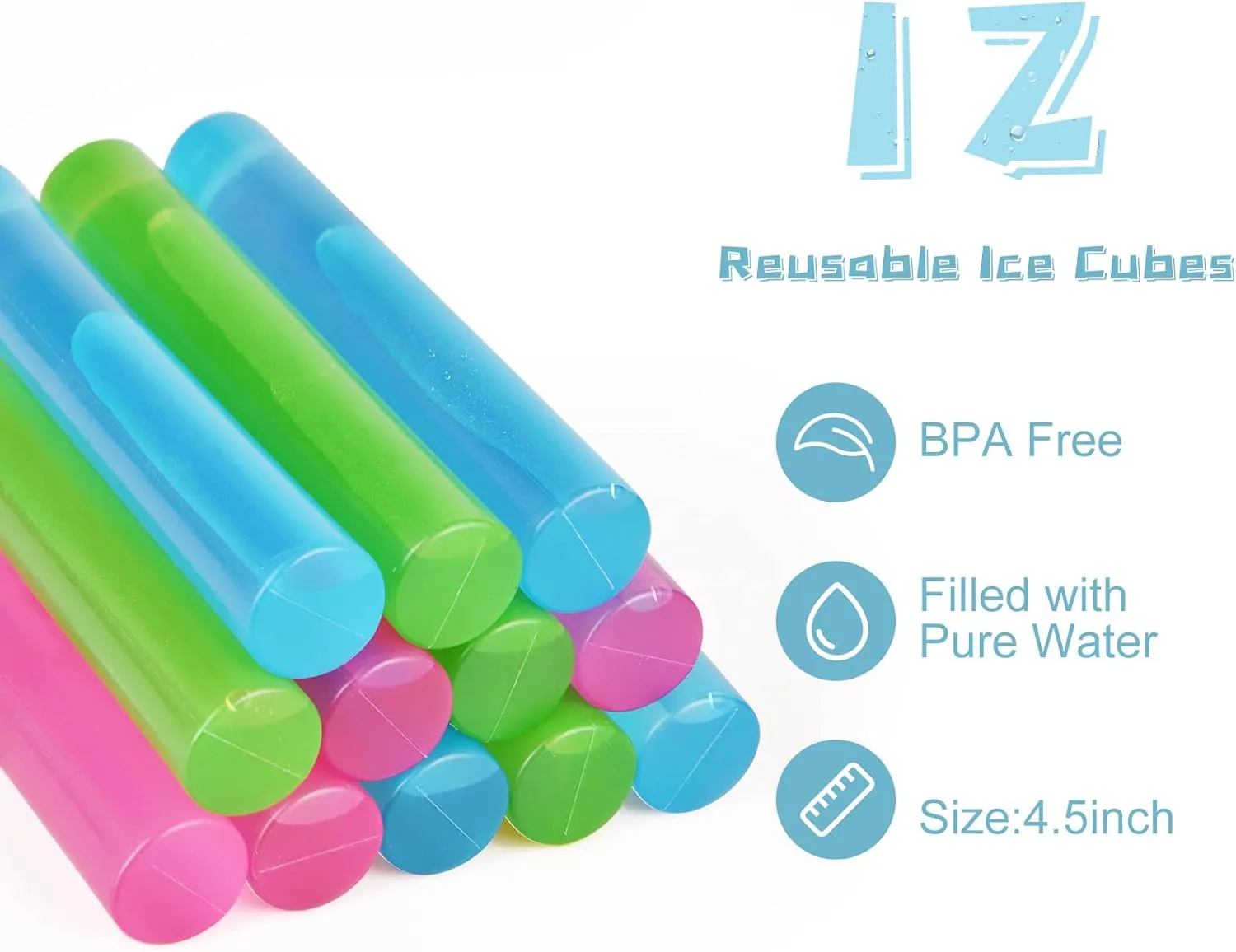 12 Pack Reusable Ice Cubes for Drinks, Quick Freeze Reusable Water Bottle Ice Stick BPA Free, Washable Plastic Ice Cubes for Whiskey, Wine, Coffee (Multicolor)