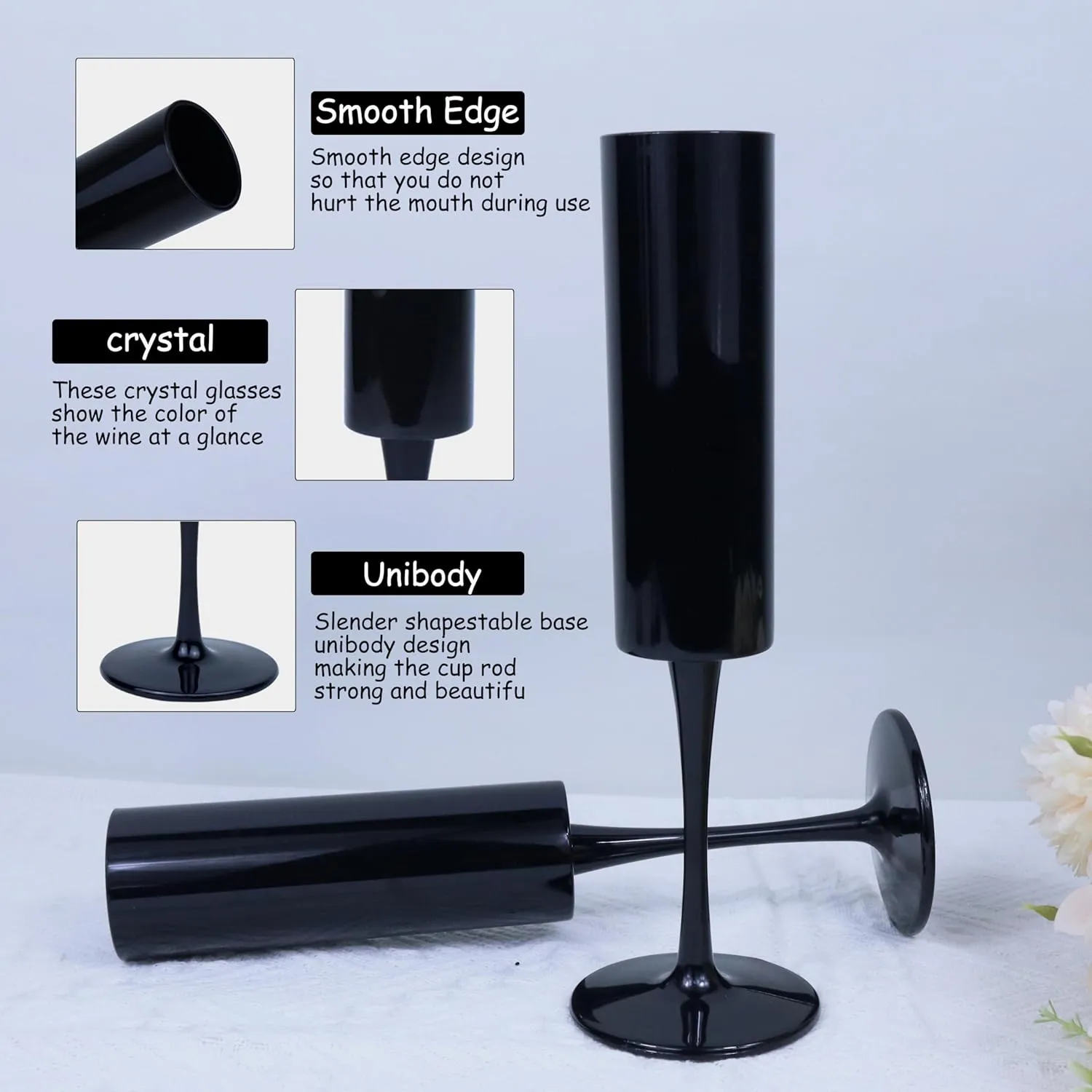 12 Pcs Acrylic Champagne Flutes 6 OZ Black Champagne Flutes Plastic Tall Stemmed Champagne Glasses, Unbreakable Goblet Glasses Champagne Flutes for Wedding Anniversary Christmas Birthday Party-Black