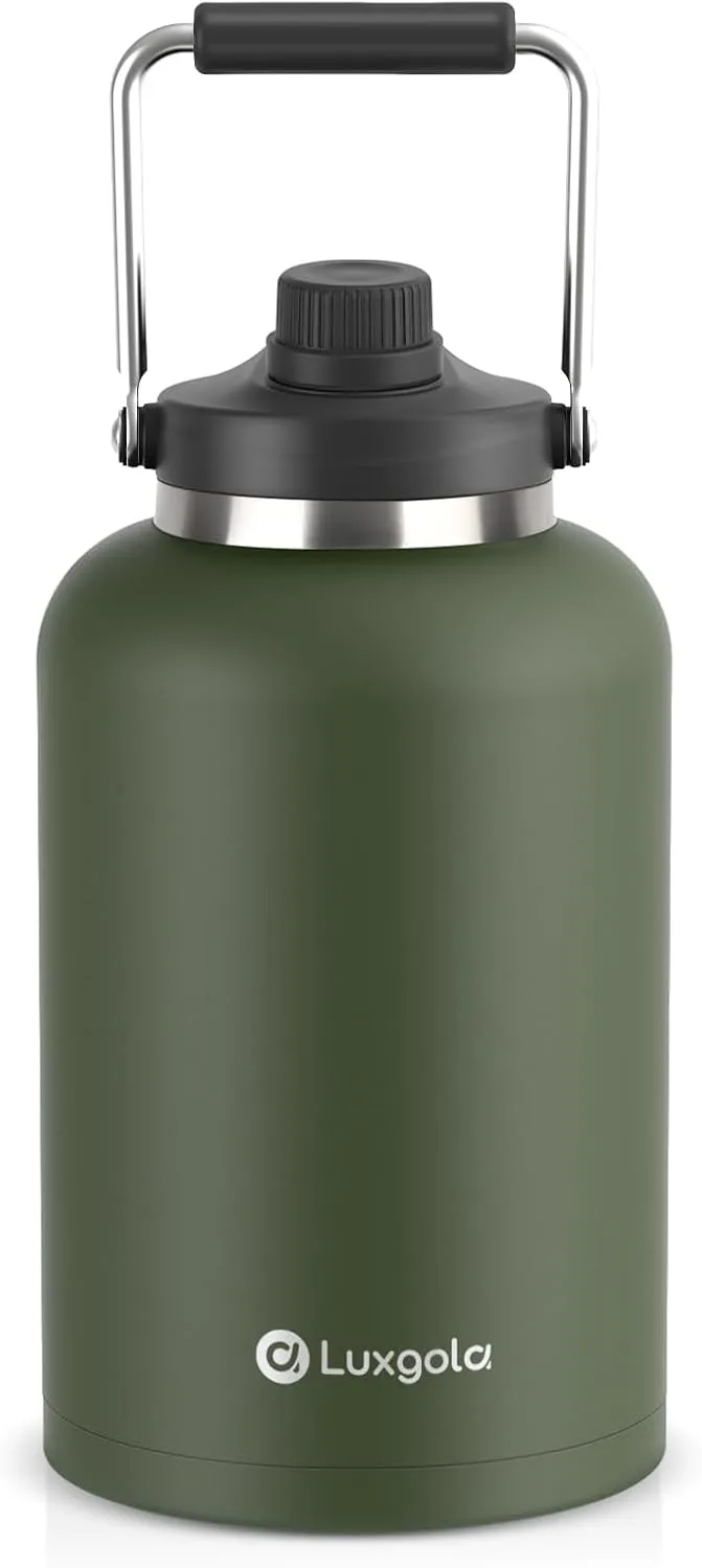 128 oz Insulated Water Bottle with Spout Lid and Handle, One Gallon Stainless Steel Double Vacuum Water Jug for Hot & Cold Drinks - Sweat Proof, Great for Travel, Hiking, Camping - Olive Green