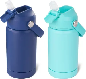 12oz Kids Water Bottle 2 Pack, Stainless Steel Insulated Water Bottle For Kids, Toddler Cup With Straws Leak-proof, Kids Water Bottles For School Boys Girls, BPA Free, Blue Green 2 Piece Set
