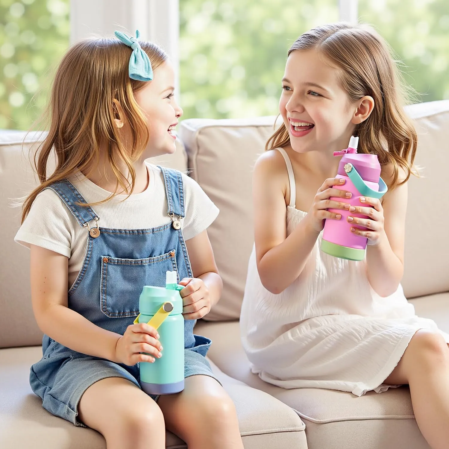 12oz Kids Water Bottle 2 Pack, Stainless Steel Insulated Water Bottle For Kids, Toddler Cup With Straws Leak-proof, Kids Water Bottles For School Boys Girls, BPA Free, Blue Green 2 Piece Set
