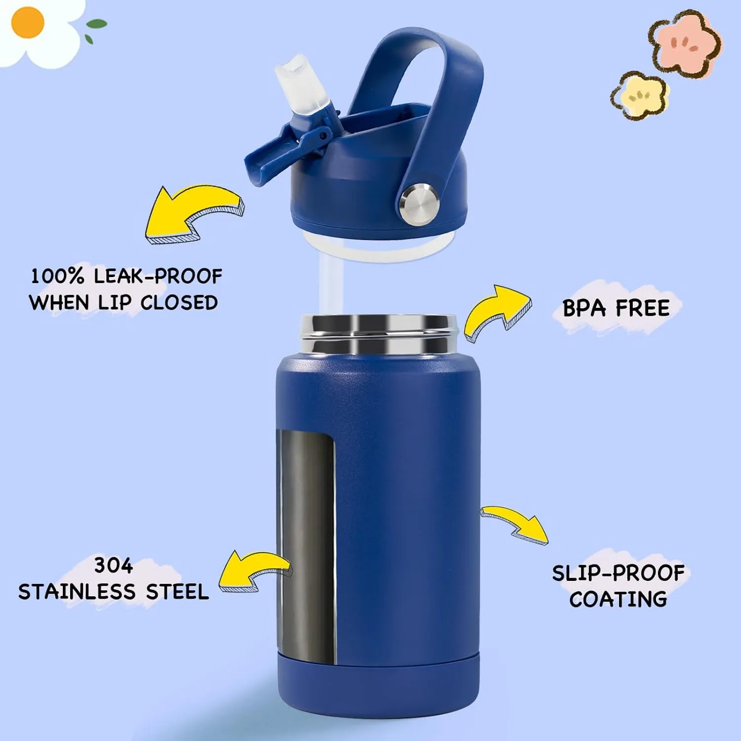 12oz Kids Water Bottle 2 Pack, Stainless Steel Insulated Water Bottle For Kids, Toddler Cup With Straws Leak-proof, Kids Water Bottles For School Boys Girls, BPA Free, Blue Green 2 Piece Set