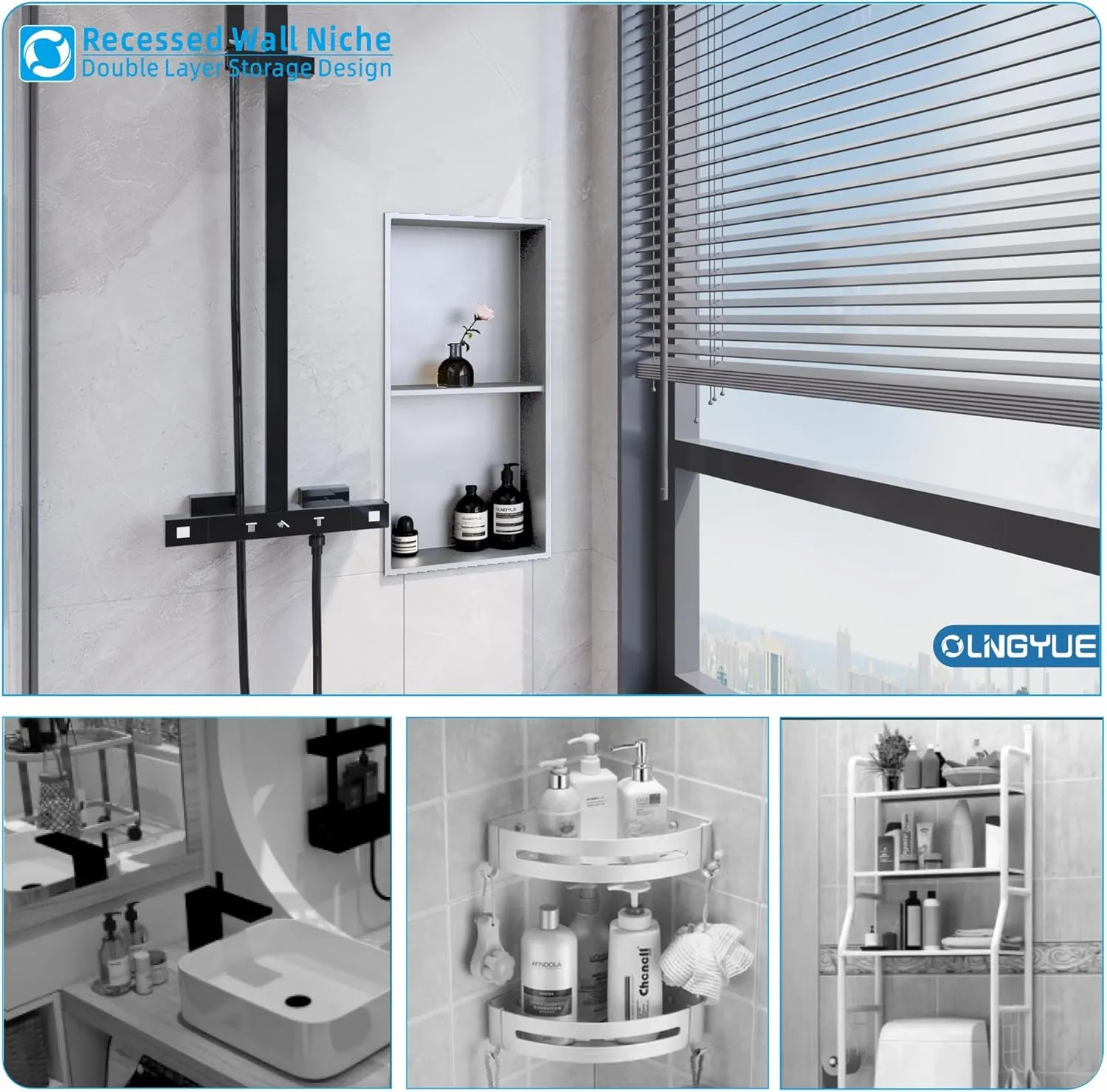 12"x24" Bathroom Shower Niche Shelf: Double Layer Stainless Steel No Tile Needed - Recessed Wall Niches Box for House Decoration - Brushed Nickel