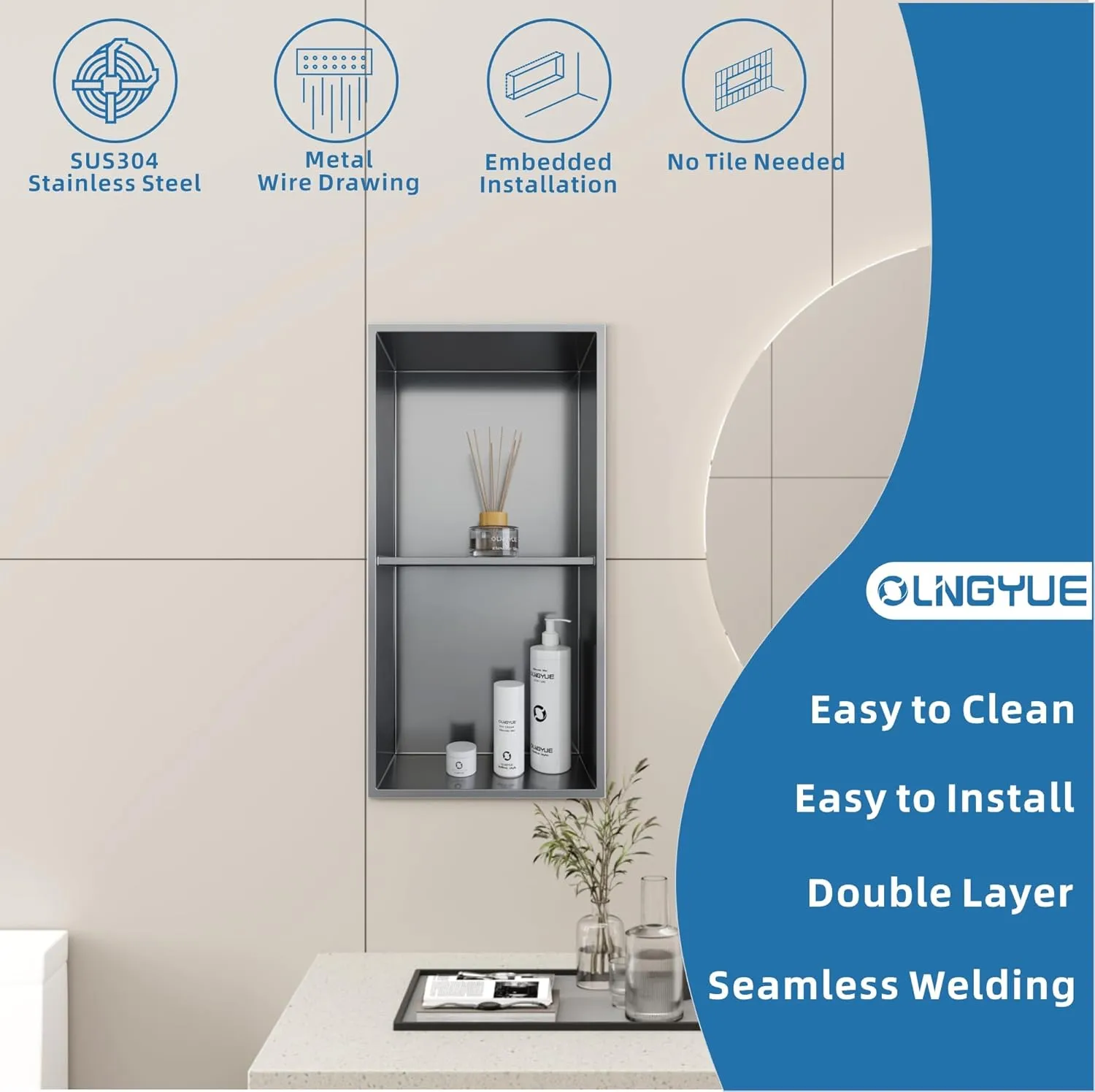 12"x24" Bathroom Shower Niche Shelf: Double Layer Stainless Steel No Tile Needed - Recessed Wall Niches Box for House Decoration - Brushed Nickel