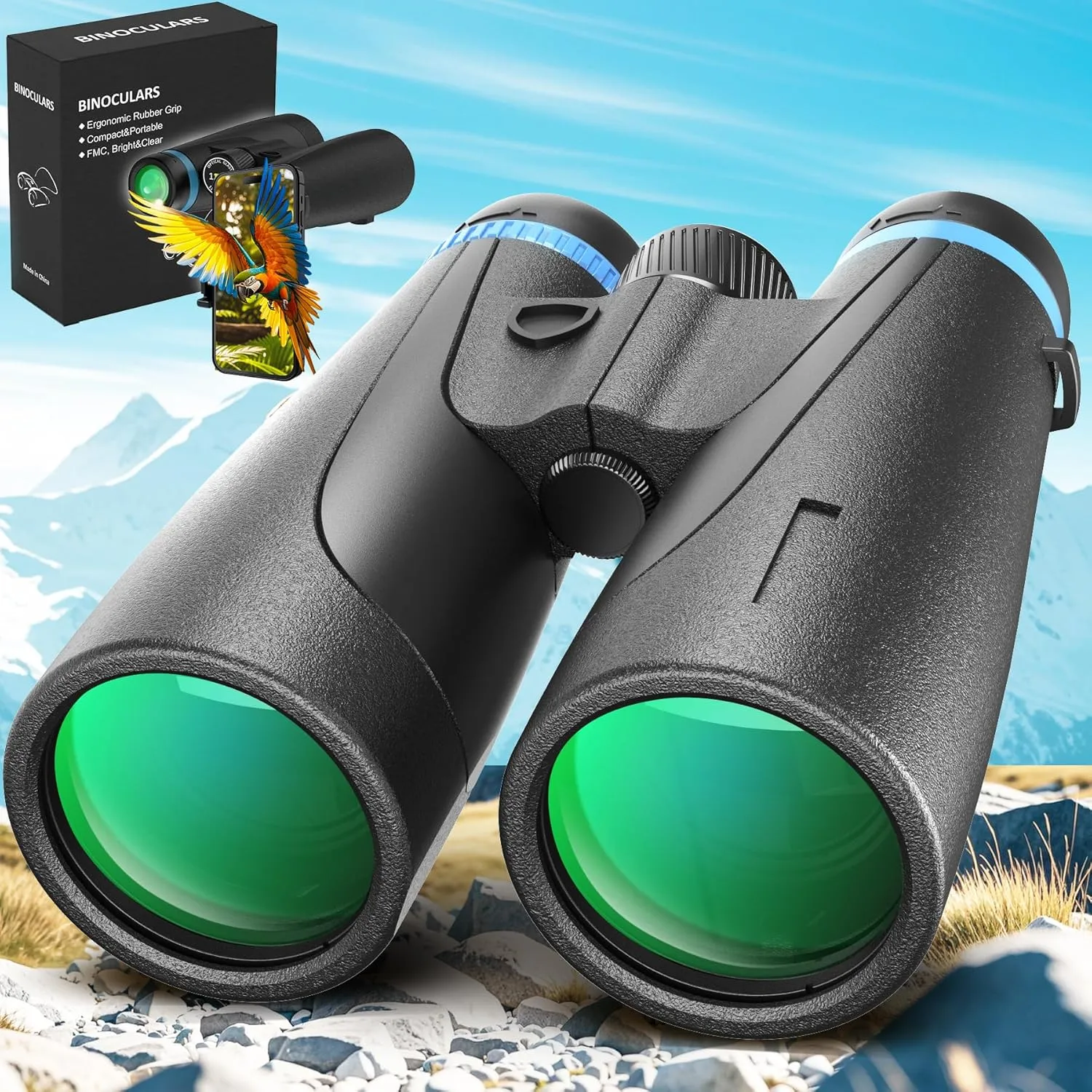 12x50 HD Binoculars for Adults High Powered, Binoculars for Bird Watching with Upgraded Binoculars Phone Adapter, Large View Binoculars for Adults, Lightweight Binoculars for Long Distance