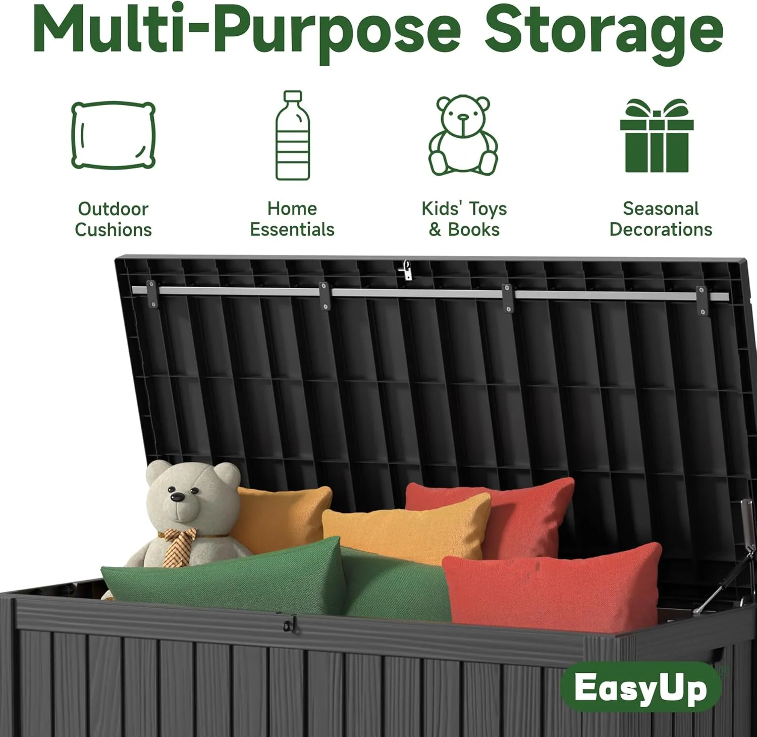 150 Gallon Outdoor Storage Box, Resin Waterproof UV-Resistant Deck Box with Hydraulic Lid Support, Reinforced Stability for Patio, Garden, and Poolside, Striped Black