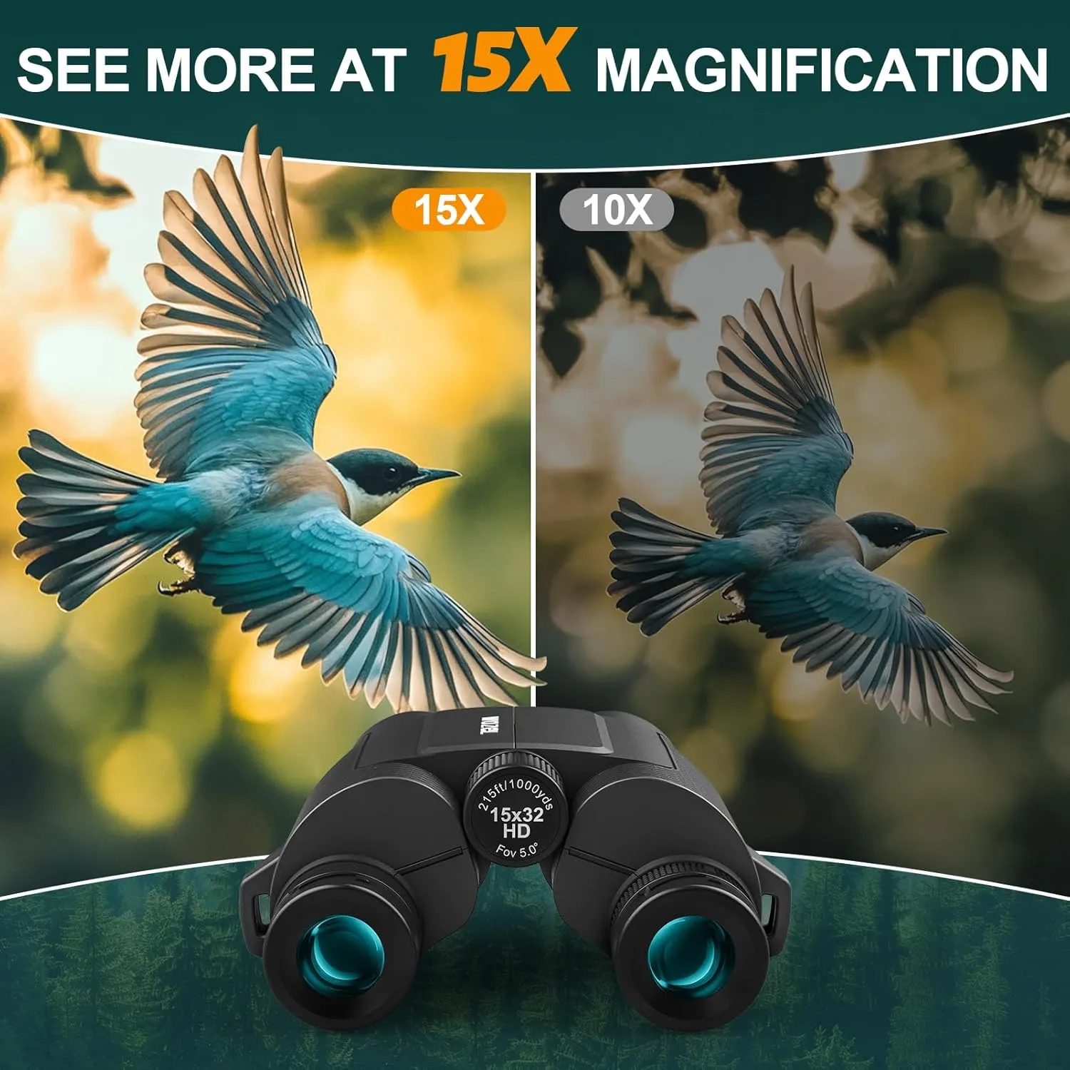 15x32 Compact Binoculars for Adults and Kids - WOZEL High Powered Small Binoculars for Bird Watching, Hunting, Travel, Hiking, Concert, Sports and Outdoors - Easy Focus with Large Objectives - Black