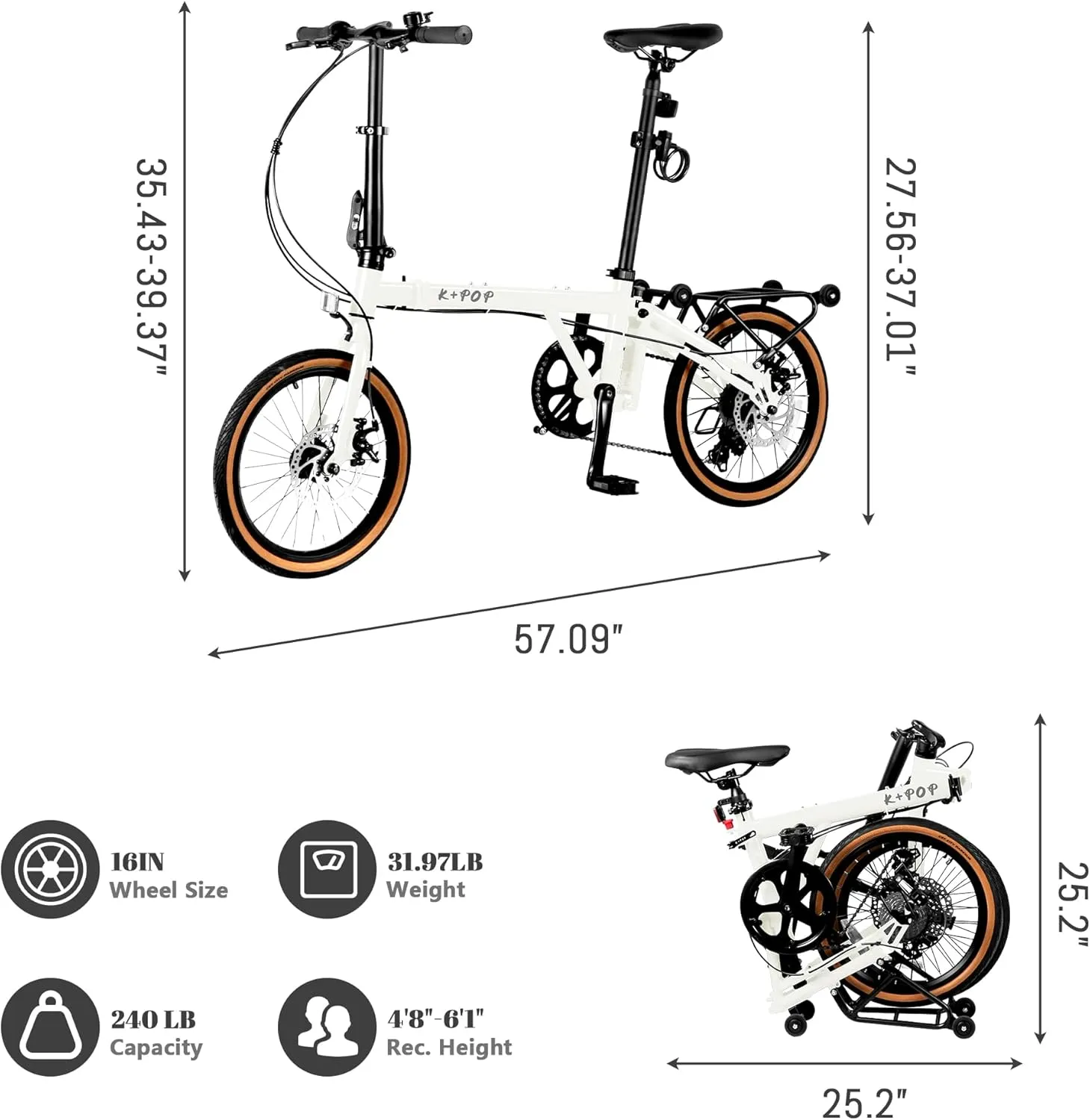 16 Inch Folding Bike with 7-Speed, Foldable Bike for Adults, Commuter Bike Folding Bicycle for Adult/Women/Men/Youth, Front and Rear Disc Brakes