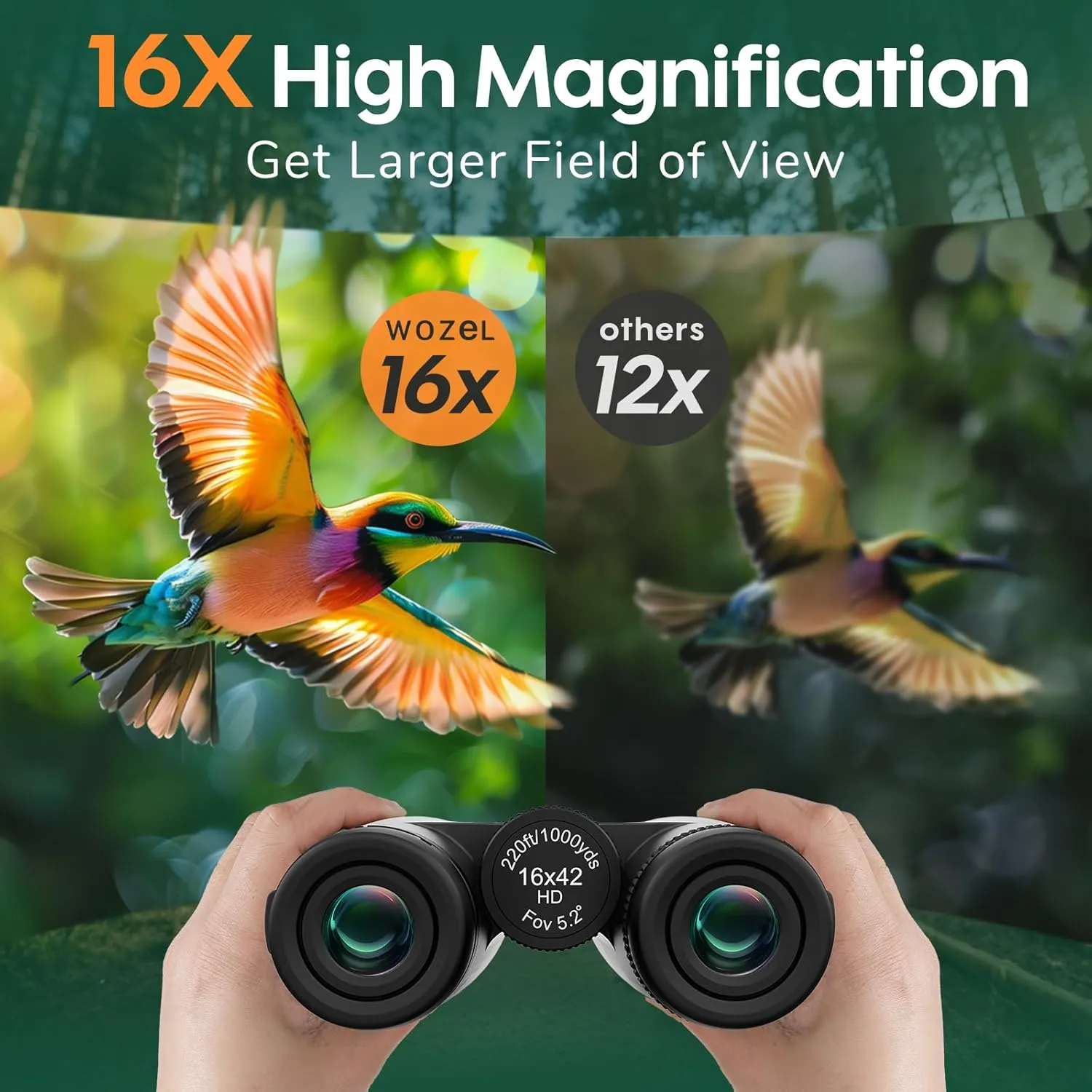 16x42 Binoculars for Adults High Powered - HD Clear Low Light Vision with Large Bright View - Powerful Binoculars for Brid Watching Hunting Travel Hiking Concerts - Black