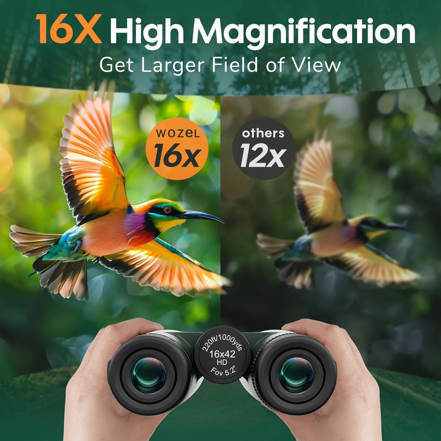 16x42 Binoculars for Adults High Powered - HD Clear Low Light Vision with Large Bright View - Powerful Binoculars for Brid Watching Hunting Travel Hiking Concerts - Green