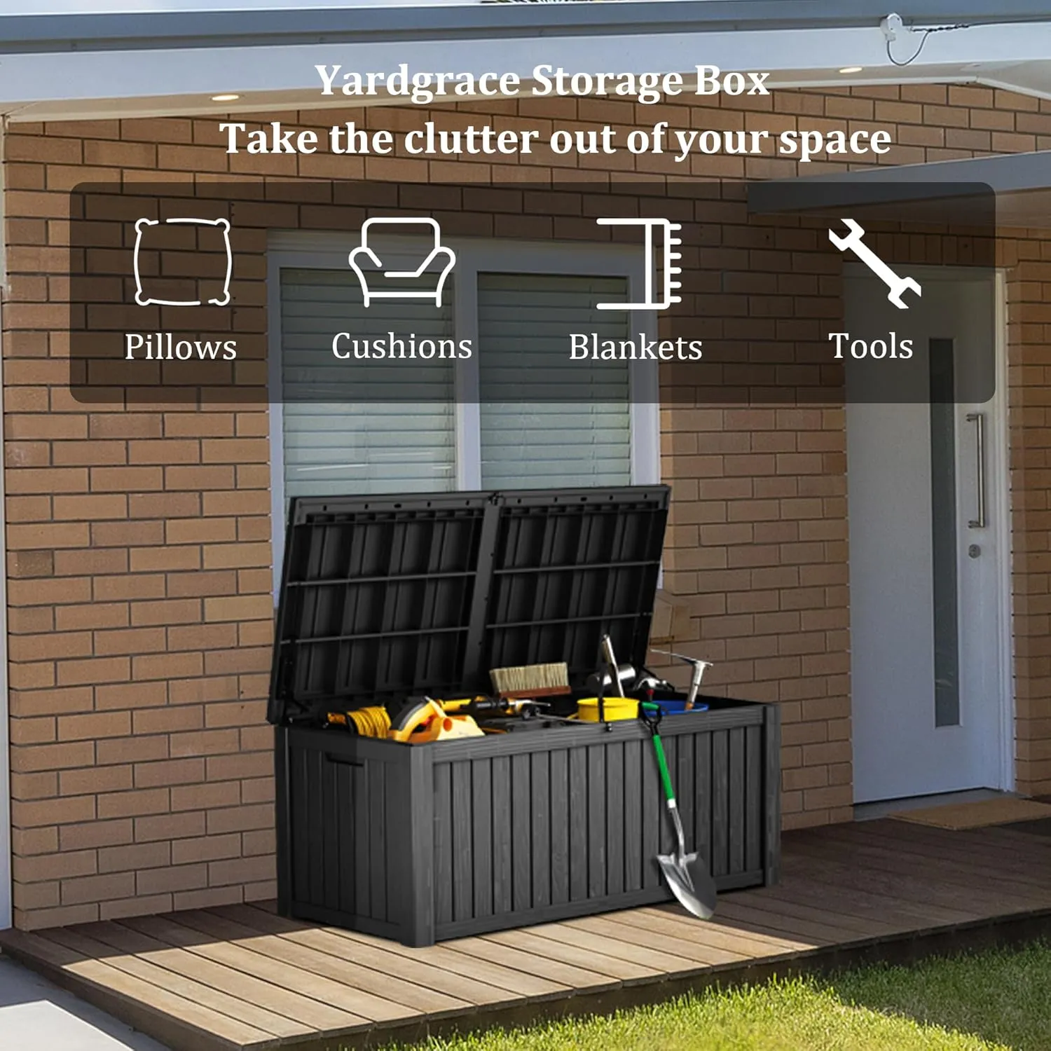 180 Gallon Waterproof Deck Box, Lockable Resin Storage Box for Patio Furniture Cushions Garden Tools and Outdoor Delivery Storage, Black