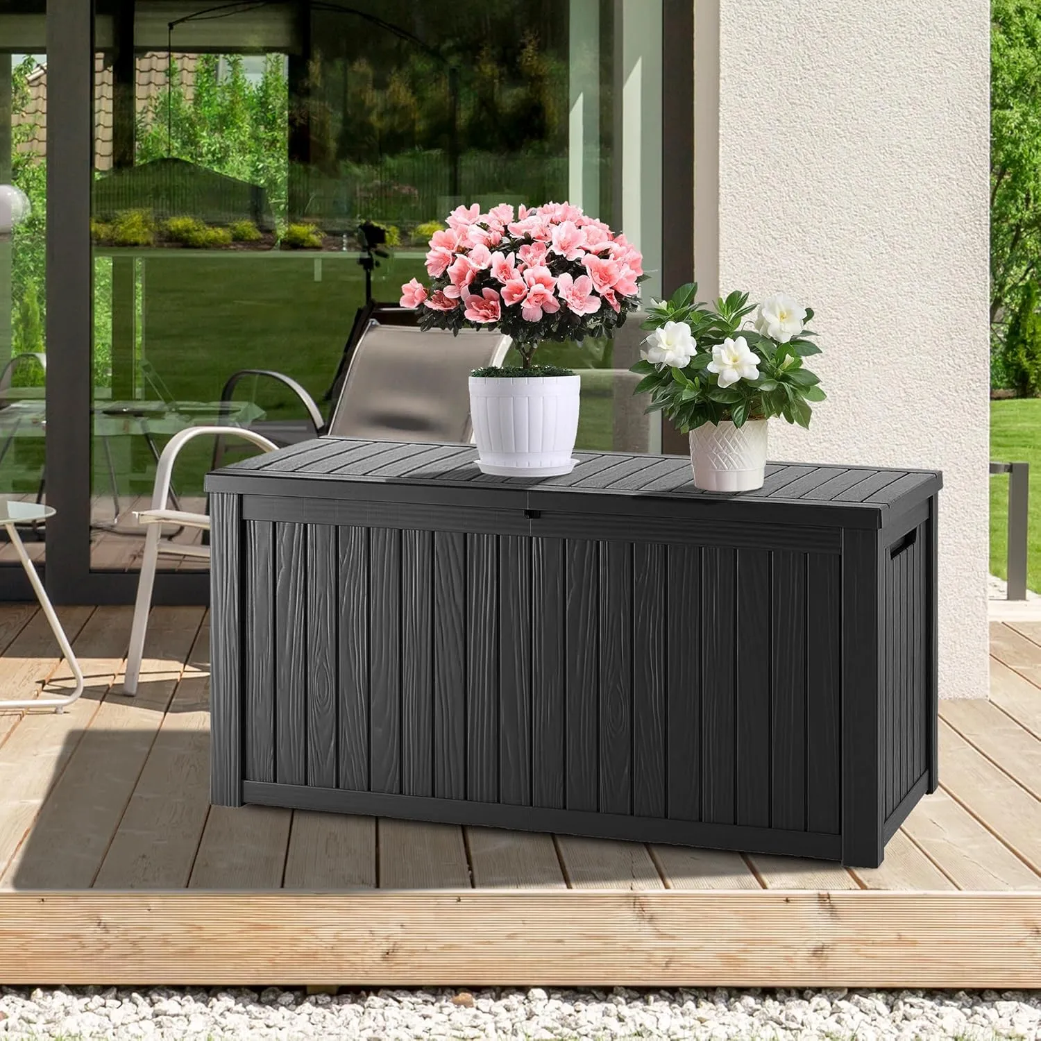 180 Gallon Waterproof Deck Box, Lockable Resin Storage Box for Patio Furniture Cushions Garden Tools and Outdoor Delivery Storage, Black