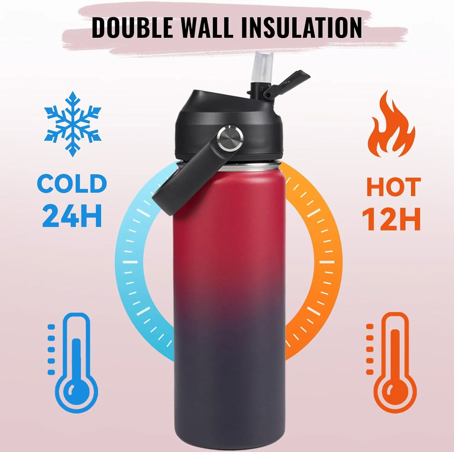 18oz Insulated Stainless Steel Water Bottle, Wide Mouth Double Wall Vacuum, Silicone Straw, Sweat & Leak Proof, BPA Free Insulated Water Flask for Travel, Keep Cold 24h Hot 12h, Red