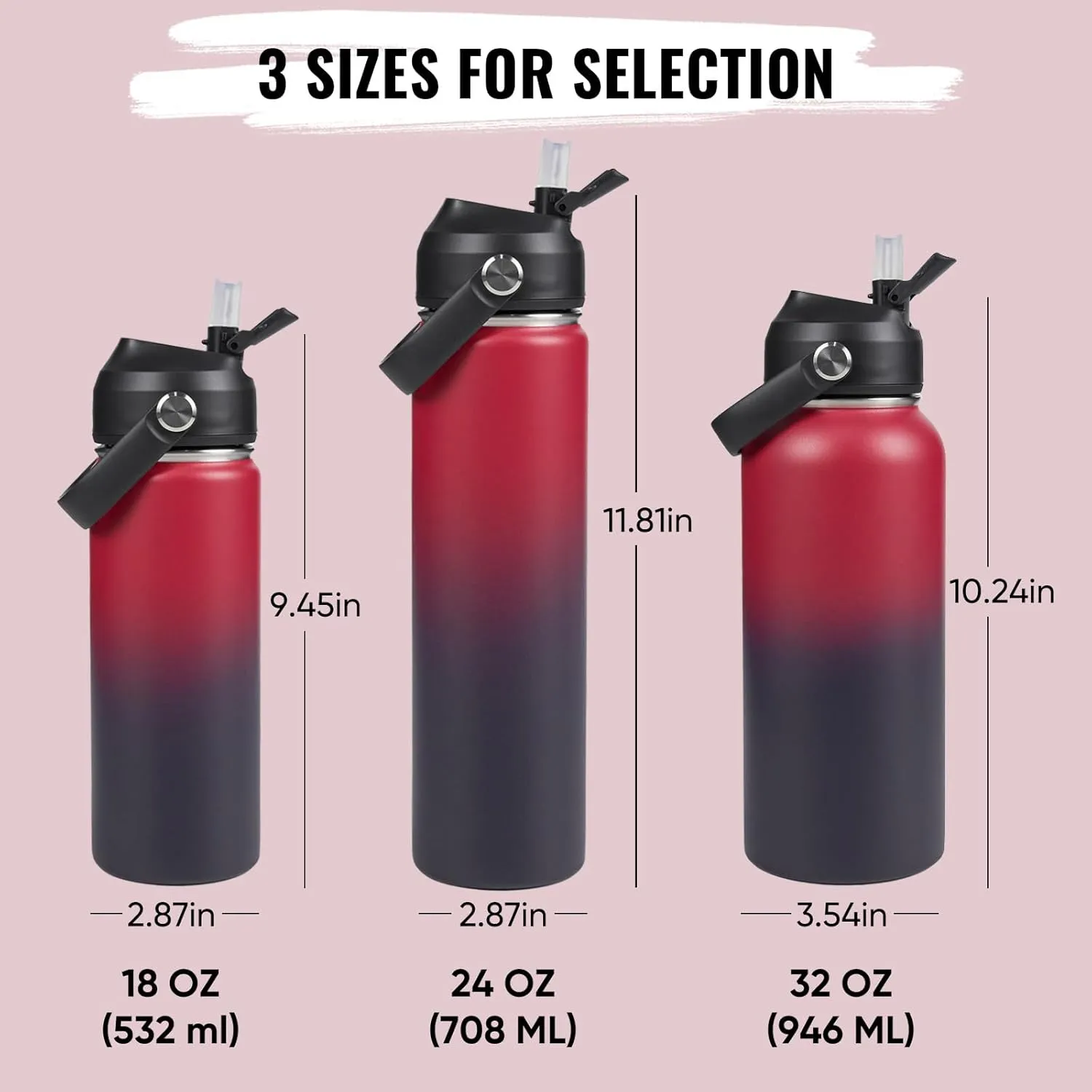 18oz Insulated Stainless Steel Water Bottle, Wide Mouth Double Wall Vacuum, Silicone Straw, Sweat & Leak Proof, BPA Free Insulated Water Flask for Travel, Keep Cold 24h Hot 12h, Red