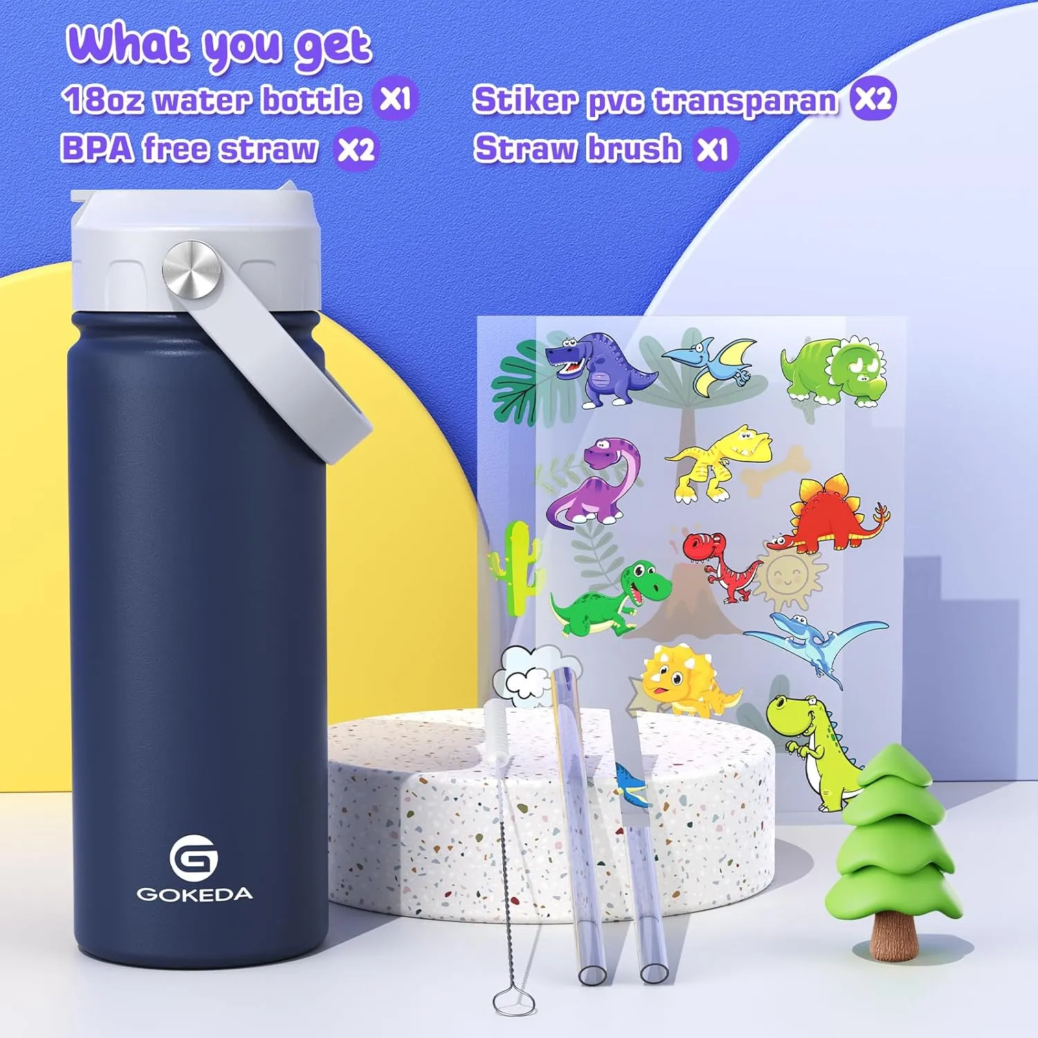 18oz Kids Water Bottle, Insulated Water Bottles with Stickers, 18/8 Stainless Steel Vacuum Leak Proof Straw Cup for School, Gifts for Boys(Dark Blue)