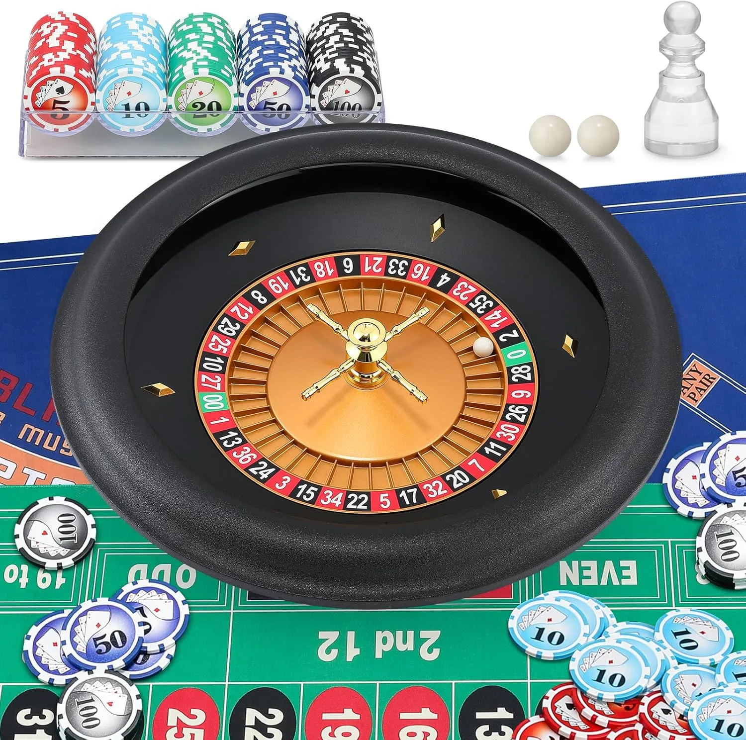 18" ABS Roulette Wheel Set with 47.2 * 23.6” Double-Sided Roulette Tablecloth 100pcs Poker Chips Roulette Win Marker Dual Balls Casino Game Sets Smooth Rotation for Family & Party Fun