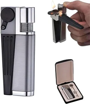 2-in-1 Retro Lighter，Foldable Smoking Metal Multipurpose Butane Torch Lighter, Refillable Gas Adjustable Flame for Cigars Candles， High-end Smoking Gifts Box Packaging for Men and Women(Black1)