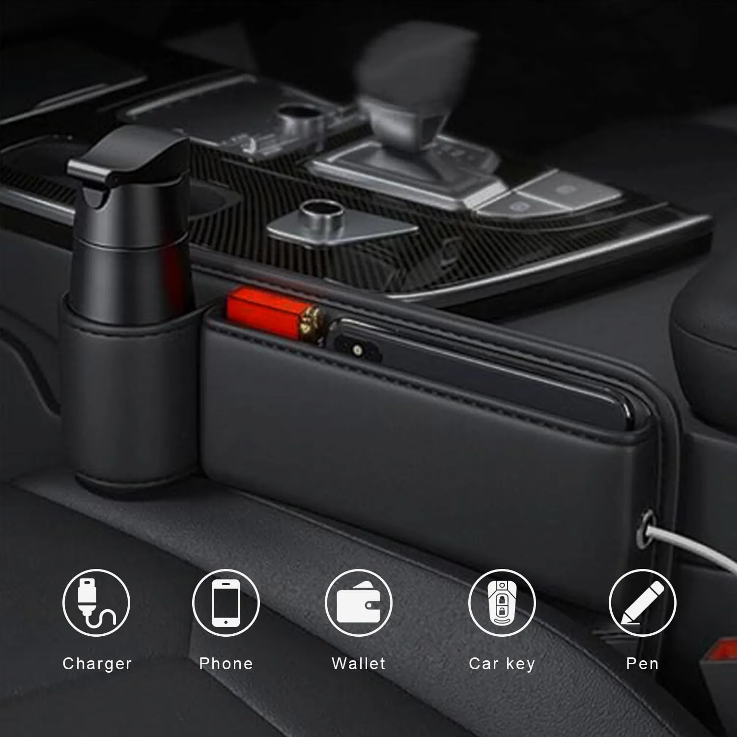 2-Pack car seat Gap Filler Organizer with Cup Holder, Adjustable Car Seat Gap Storage Box Leather with Cup Holder for Phones Glasses Keys Cards (Black. Driver- Passenger)