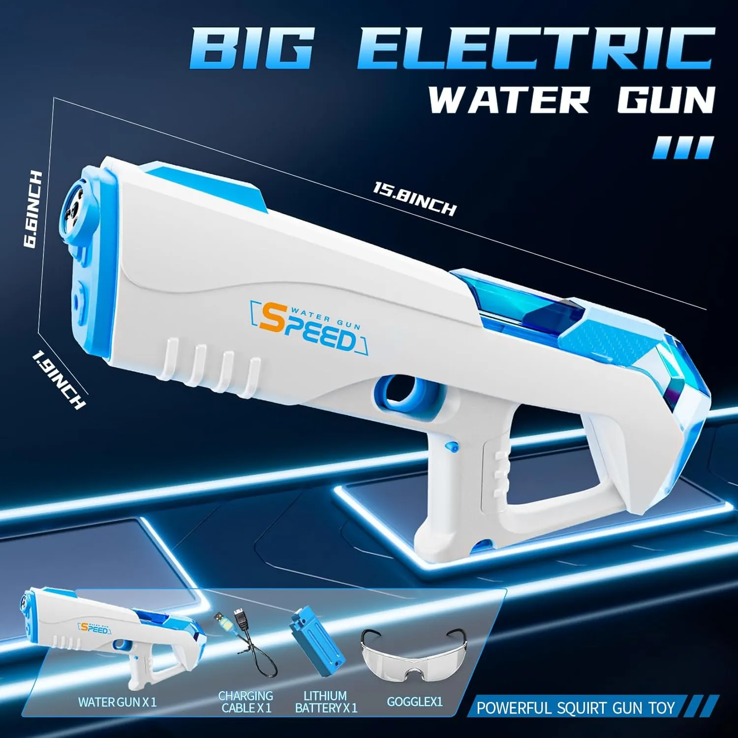 2 Pack Electric Water Guns for Adults Kids, Automatic Suction Automatic Squirt Guns with LED Light 38FT Water Gun Auto Water Blaster for Pool Outdoor Toy Game(Transparent Blue Grey)