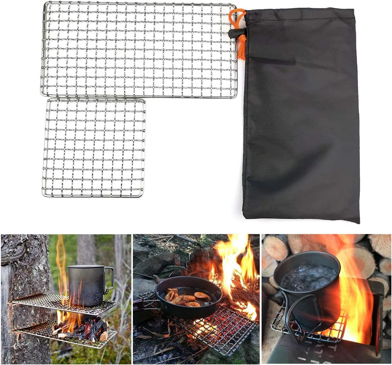 2-Pack Stainless Steel Mesh Camping Grill, Bushcraft Grills Backpacker Barbecue Grills, Campfire Cooking BBQ Grate, High Strength Outdoor Mesh Gear for Camping, Hiking, Backpacking