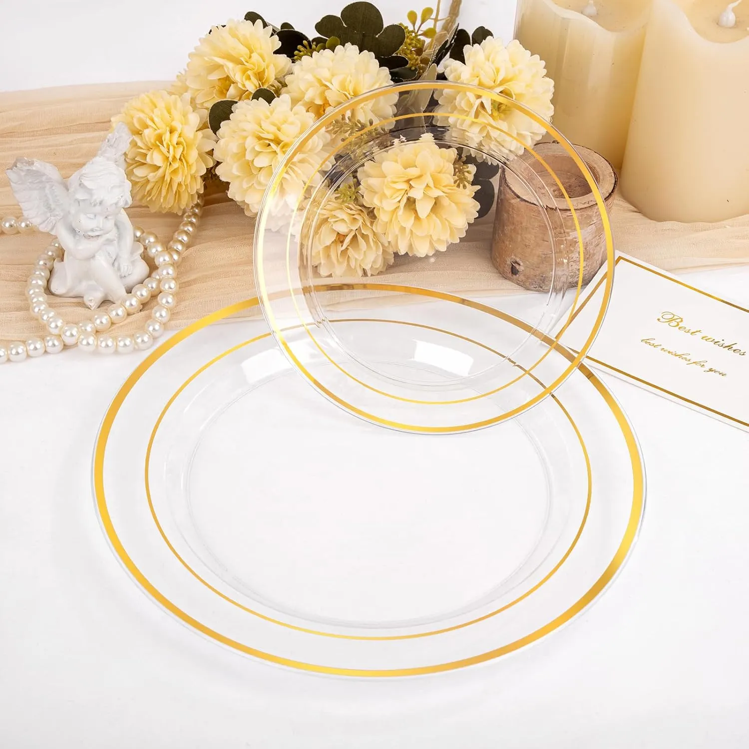 200 Pcs Clear Gold Plastic Plates - Disposable Party Plates, Gold Plates Disposable Include 100 Dinner Plates and 100 Dessert Plates, Plastic Plates for Party, Holiday, Wedding & Birthday