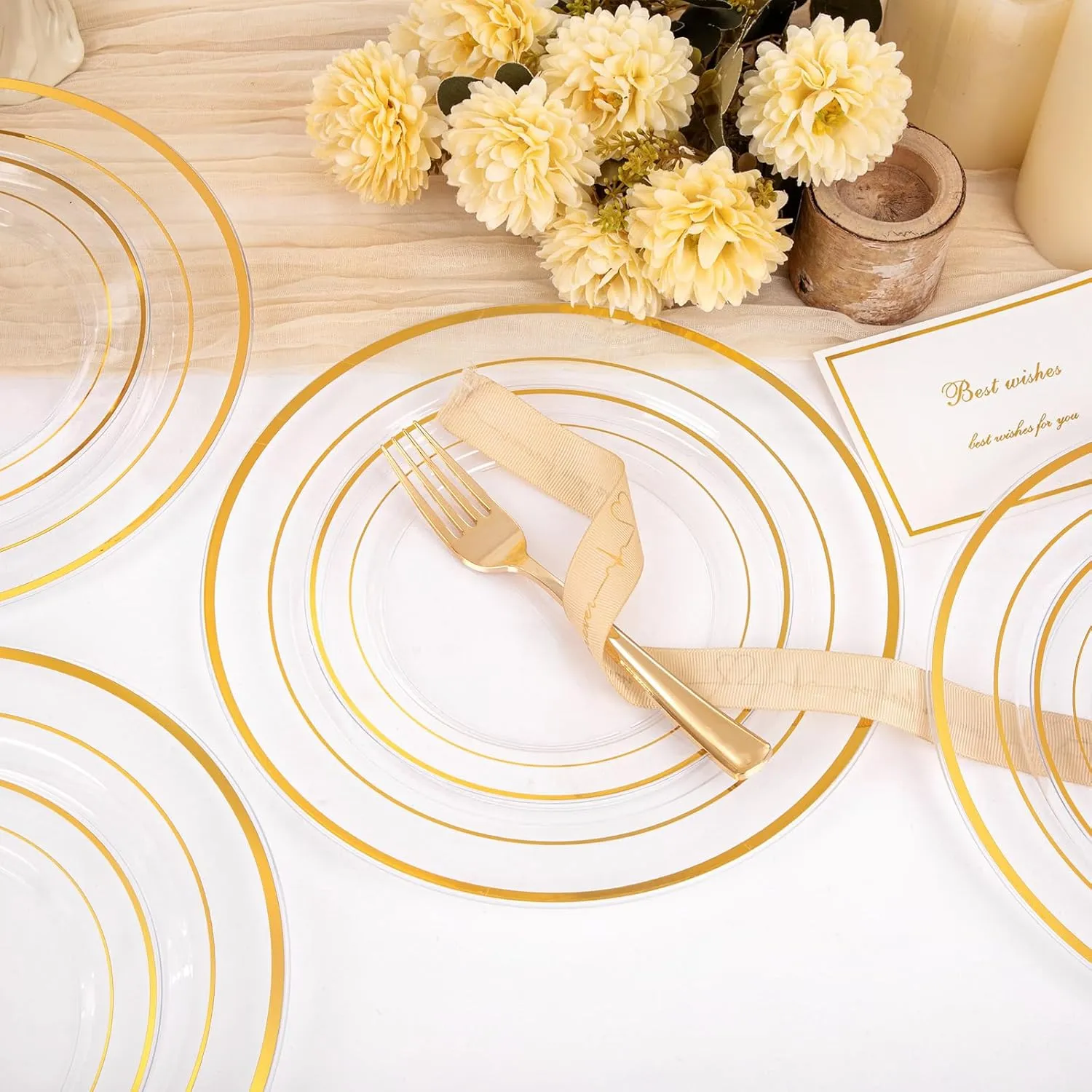 200 Pcs Clear Gold Plastic Plates - Disposable Party Plates, Gold Plates Disposable Include 100 Dinner Plates and 100 Dessert Plates, Plastic Plates for Party, Holiday, Wedding & Birthday