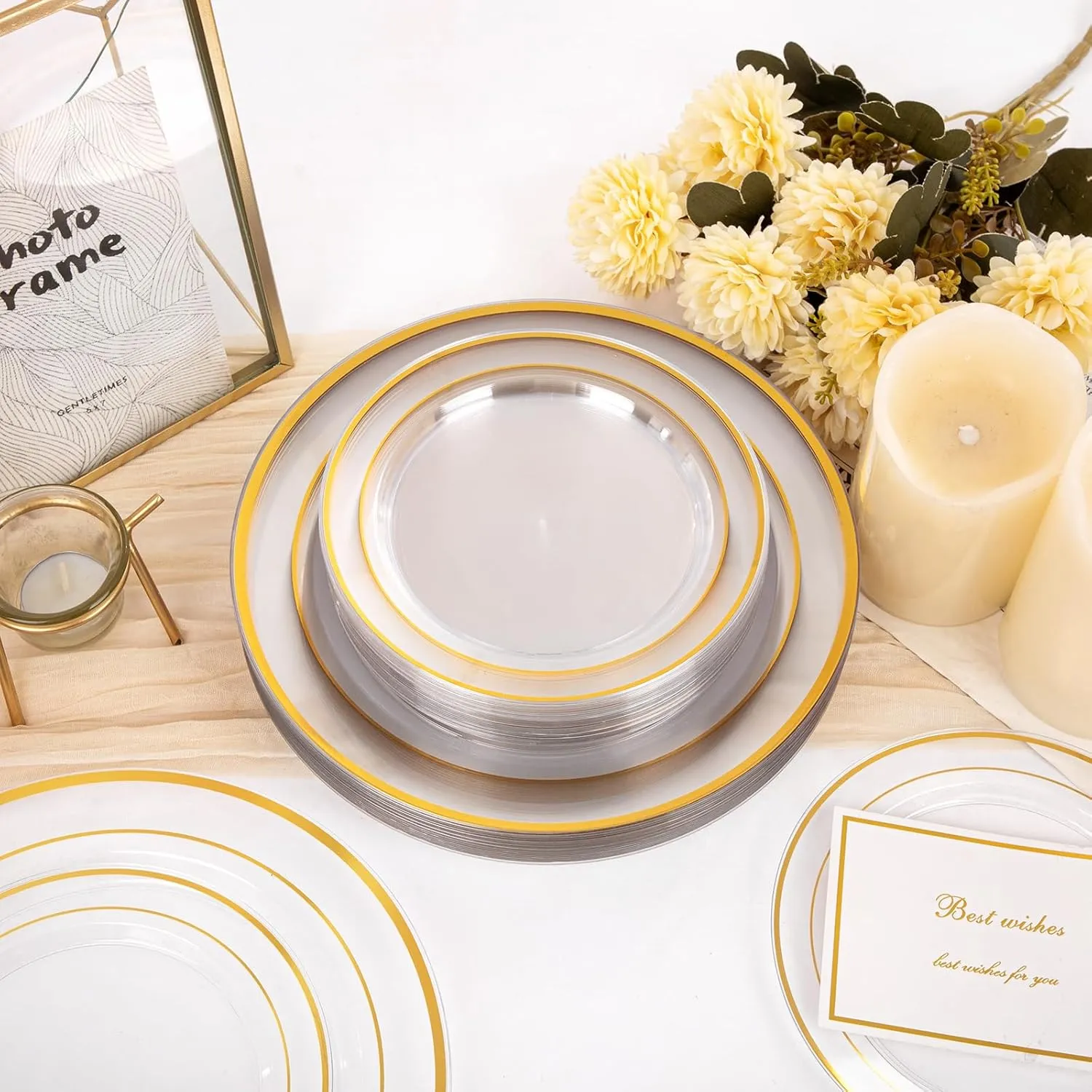 200 Pcs Clear Gold Plastic Plates - Disposable Party Plates, Gold Plates Disposable Include 100 Dinner Plates and 100 Dessert Plates, Plastic Plates for Party, Holiday, Wedding & Birthday