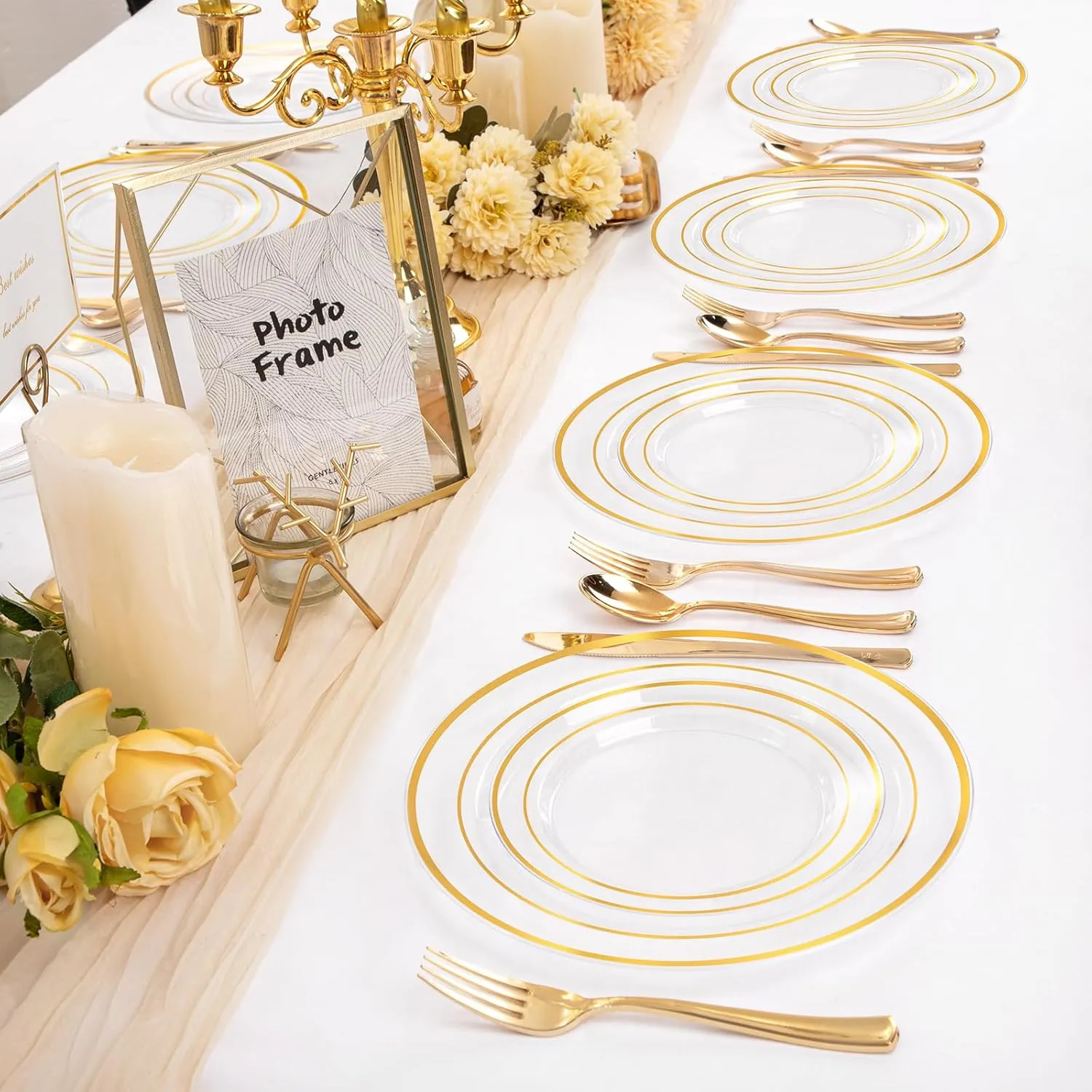 200 Pcs Clear Gold Plastic Plates - Disposable Party Plates, Gold Plates Disposable Include 100 Dinner Plates and 100 Dessert Plates, Plastic Plates for Party, Holiday, Wedding & Birthday