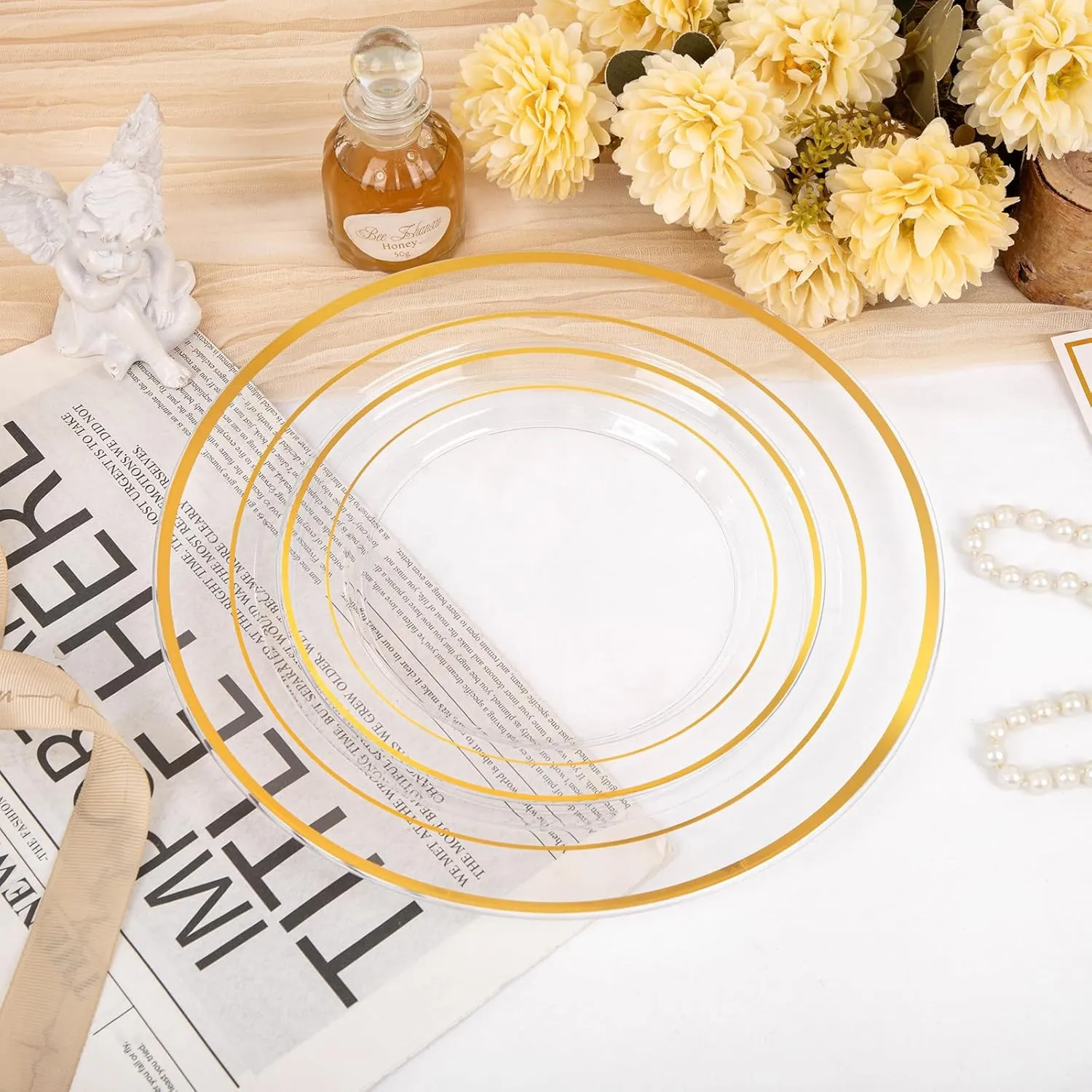 200 Pcs Clear Gold Plastic Plates - Disposable Party Plates, Gold Plates Disposable Include 100 Dinner Plates and 100 Dessert Plates, Plastic Plates for Party, Holiday, Wedding & Birthday